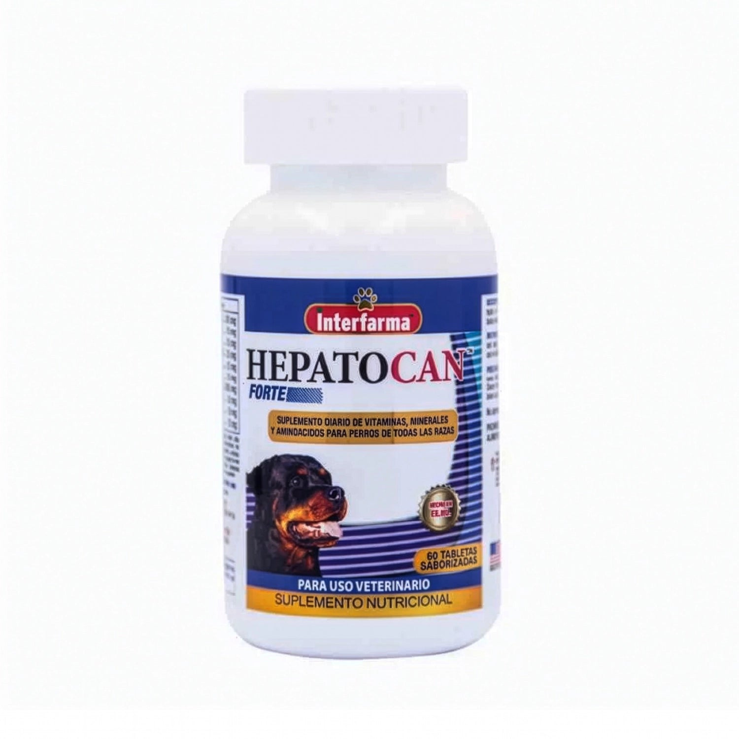 Hepatocan Forte con Silimarina en frasco con 60 tabletas saborizadas y suplemento nutricional para perros.