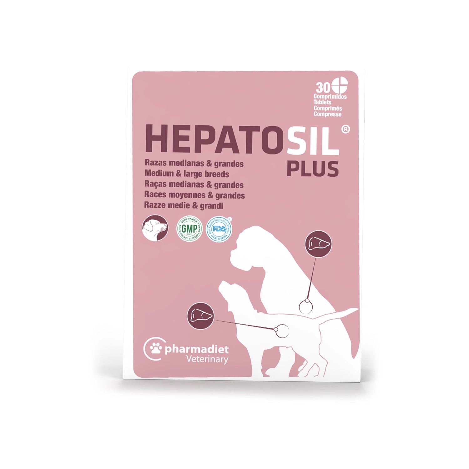 Hepatosil PLUS Razas Medianas y Grandes en caja con 30 comprimidos para el soporte hepático de perros de talla mediana y grande.