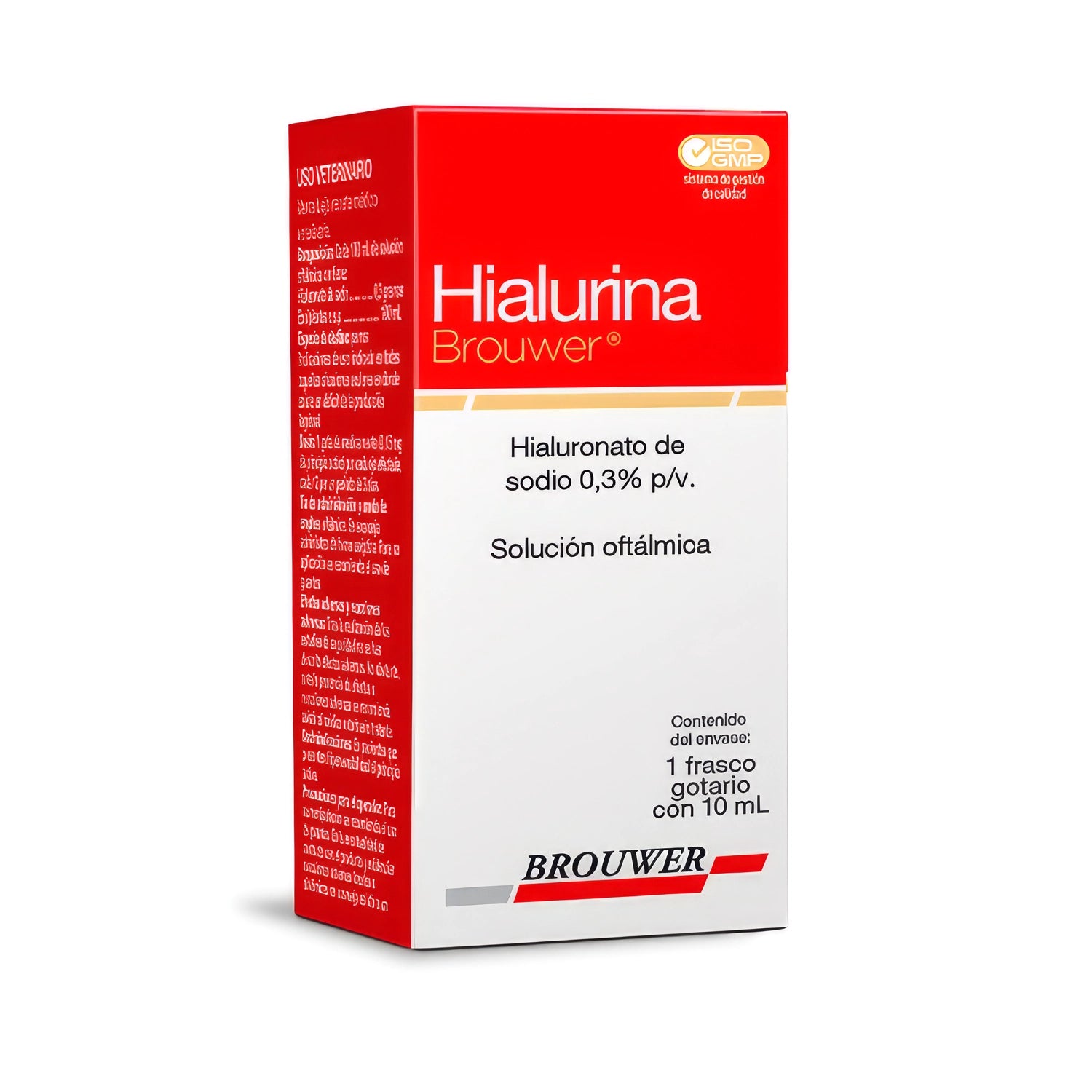 Hialurina Solución Oftálmica en frasco gotario de 10 ml, caja roja y blanca con hialuronato de sodio para cuidado ocular.