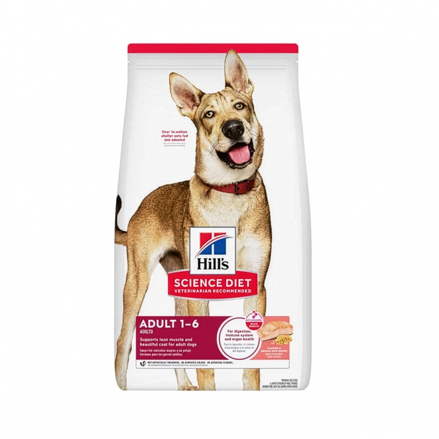 Hill's Salmón y Arroz para Perros Adultos en bolsa Science Diet con imagen de un perro adulto y receta de salmón y arroz.