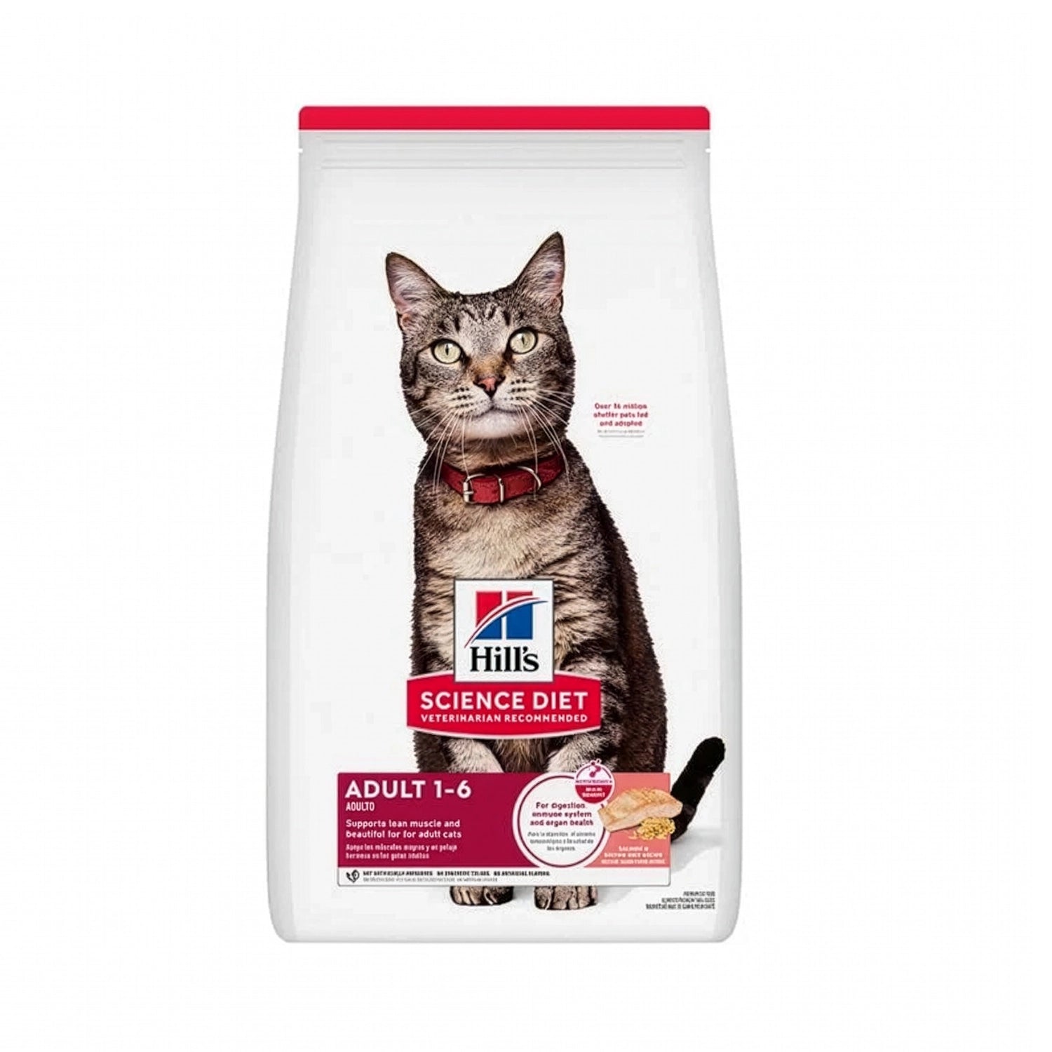 Hill's Salmón para Gatos Adultos en bolsa Science Diet con gato atigrado y receta de salmón para una nutrición diaria equilibrada.