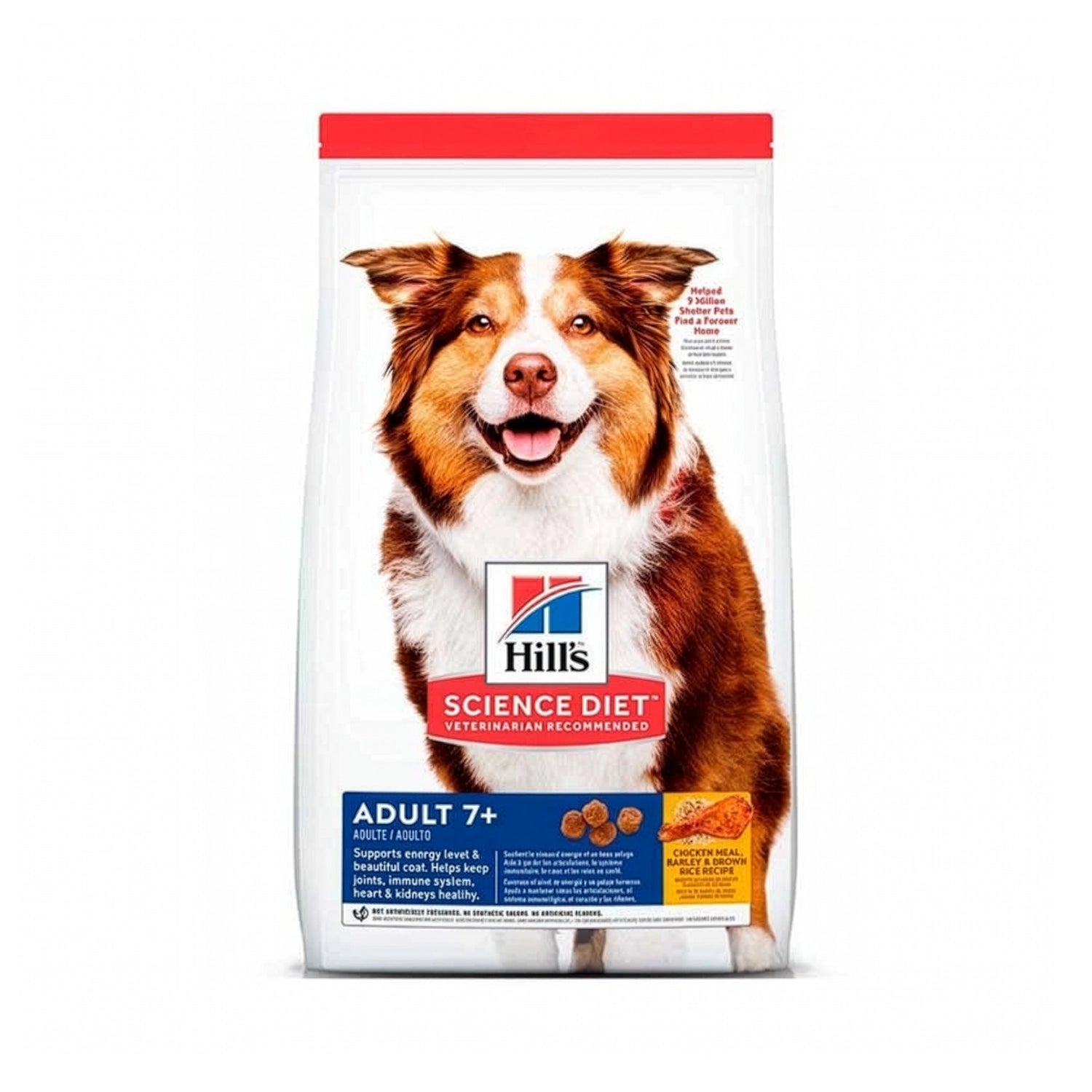 Hill's Active Longevity para Perros Senior en bolsa blanca Science Diet con imagen de un perro adulto y receta de pollo, cebada y arroz integral.