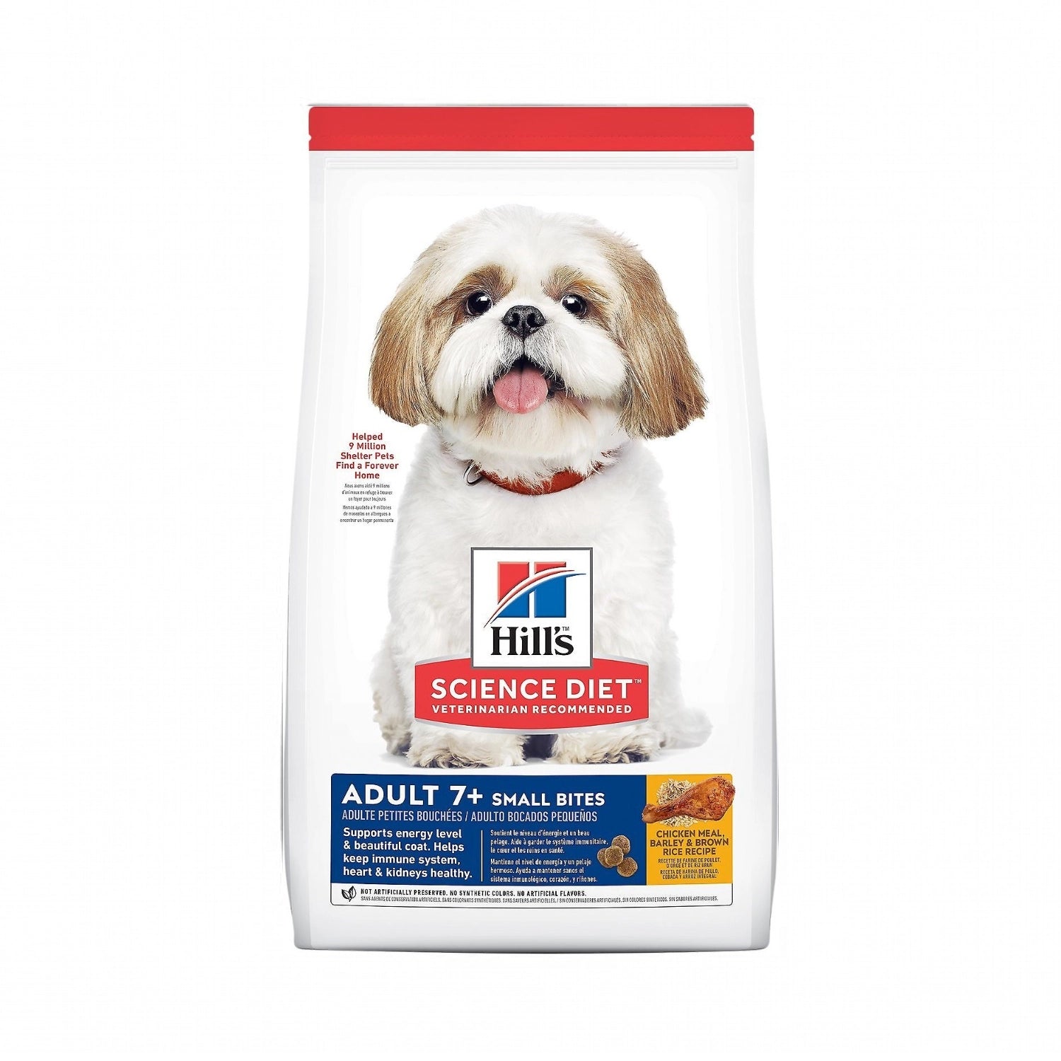 Hill's Small Bites para Perros Senior 7+ en bolsa blanca Science Diet con imagen de un Shih Tzu y receta de pollo, cebada y arroz integral.