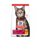 Hill's Optimal Care para Gatos Adultos en bolsa blanca Science Diet con imagen de un gato atigrado y receta de pollo.