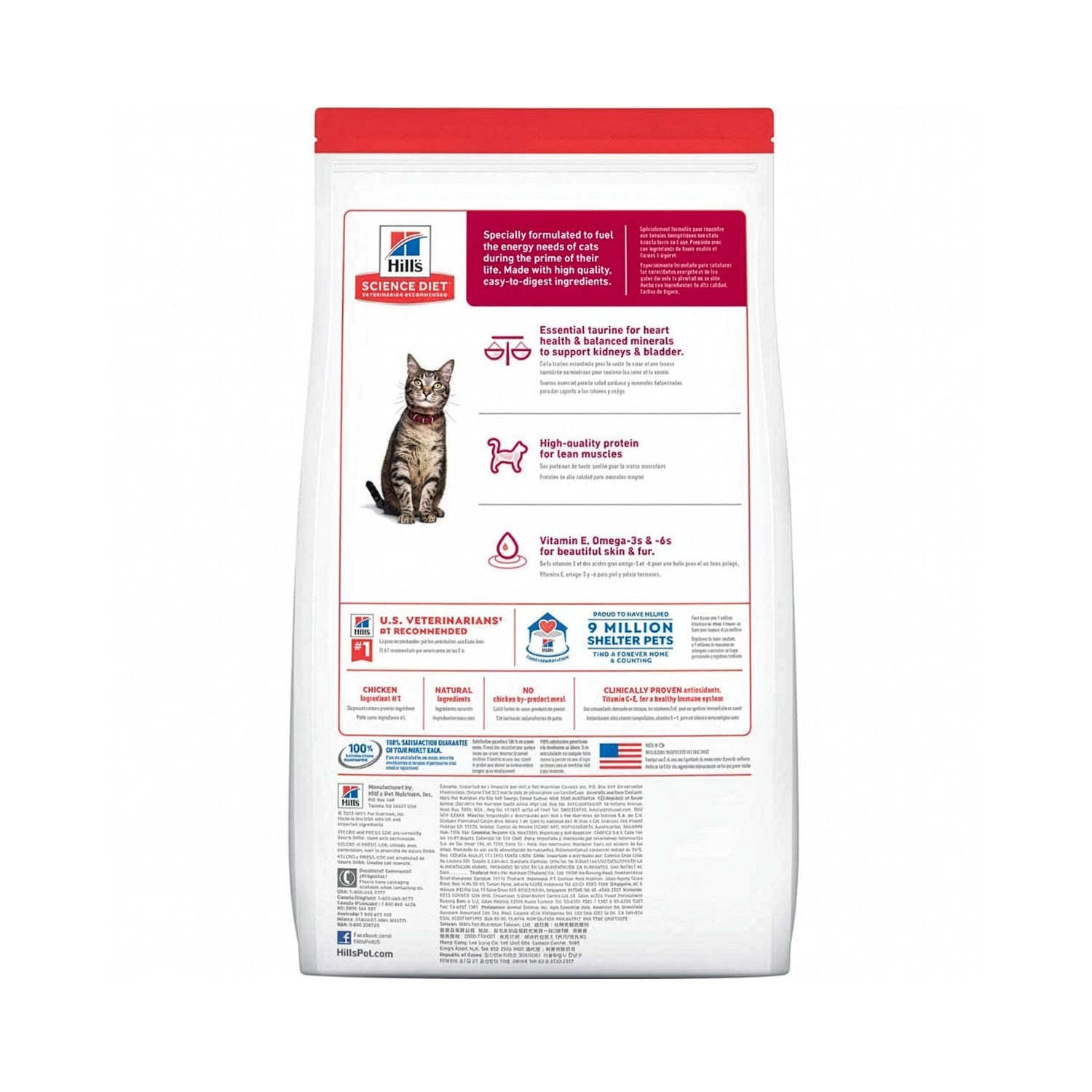 Hill's Optimal Care para Gatos Adultos en bolsa blanca Science Diet con imagen de un gato atigrado y receta de pollo.