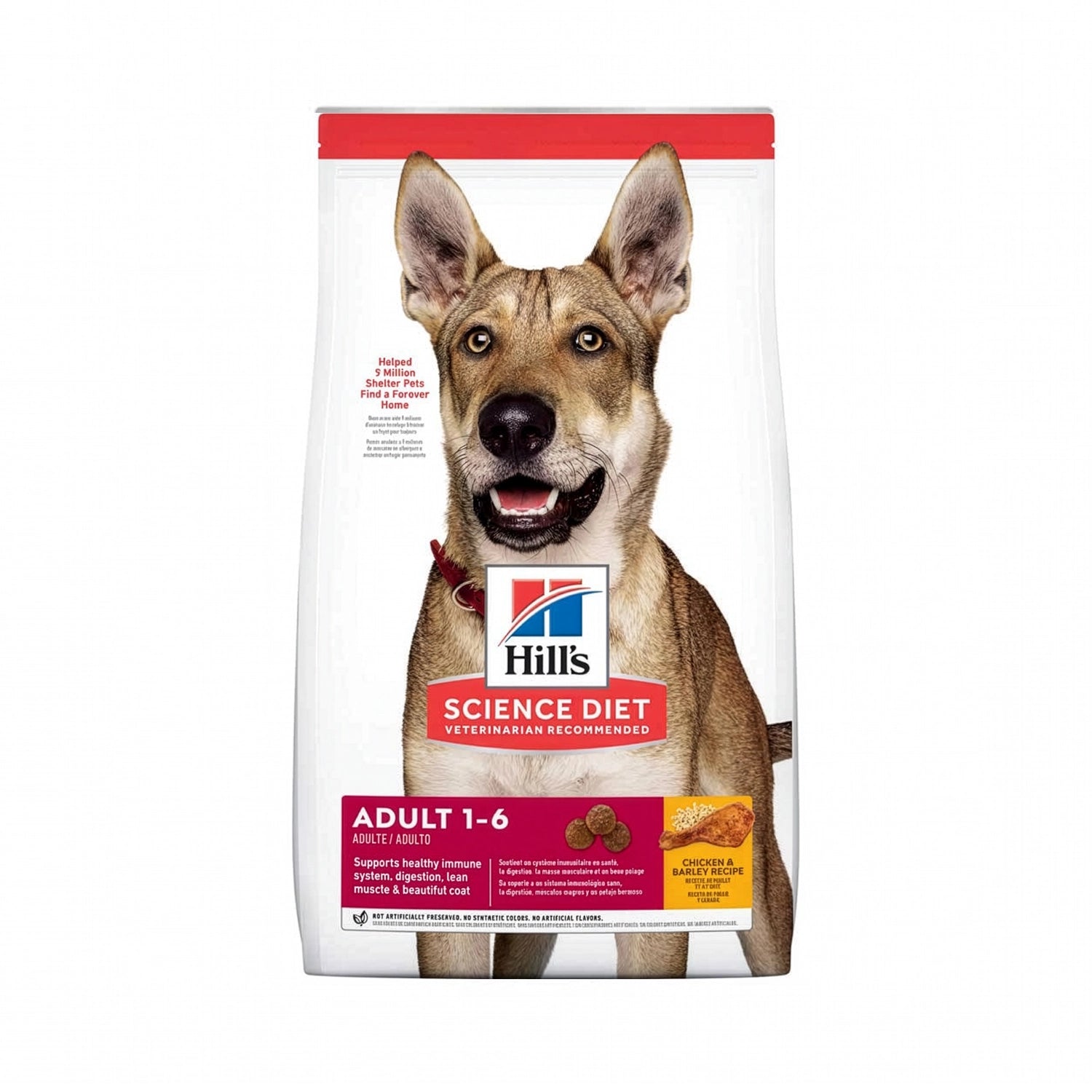 Hill's Science Diet para Perros Adultos en bolsa blanca con imagen de un perro adulto y receta de pollo con cebada.