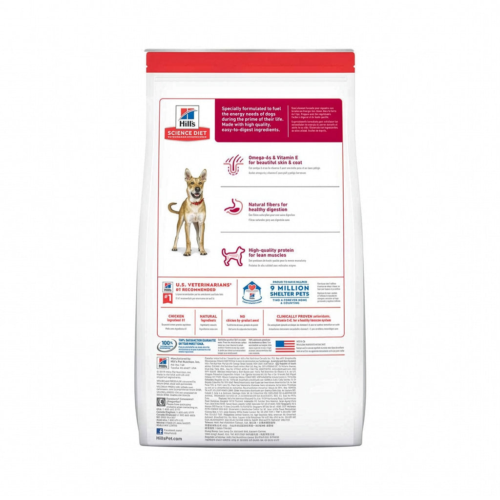 Hill's Science Diet para Perros Adultos en bolsa blanca con imagen de un perro adulto y receta de pollo con cebada.