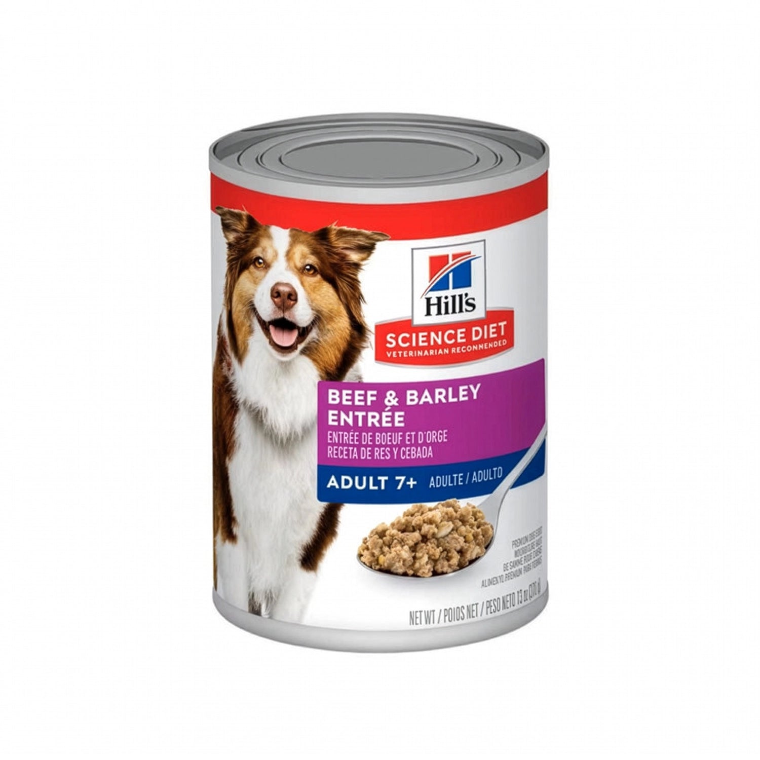 Hill's Carne y Cebada Lata Perros Senior 7+ Science Diet con envase de alimento húmedo, receta de carne y cebada e imagen de un perro.
