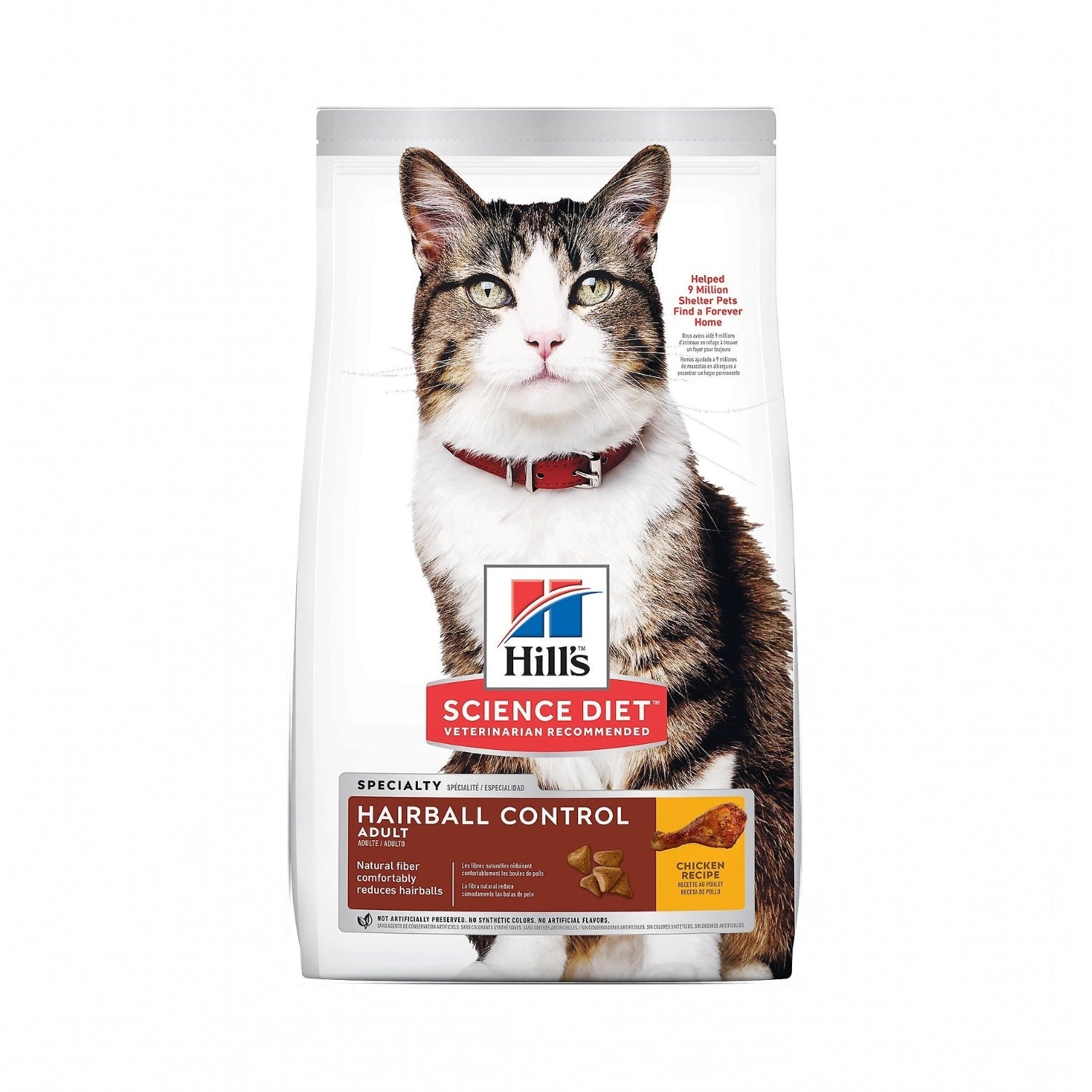 Hill's Hairball Control para Gatos Adultos con receta de pollo, alimento seco para control de bolas de pelo y envase con gato.