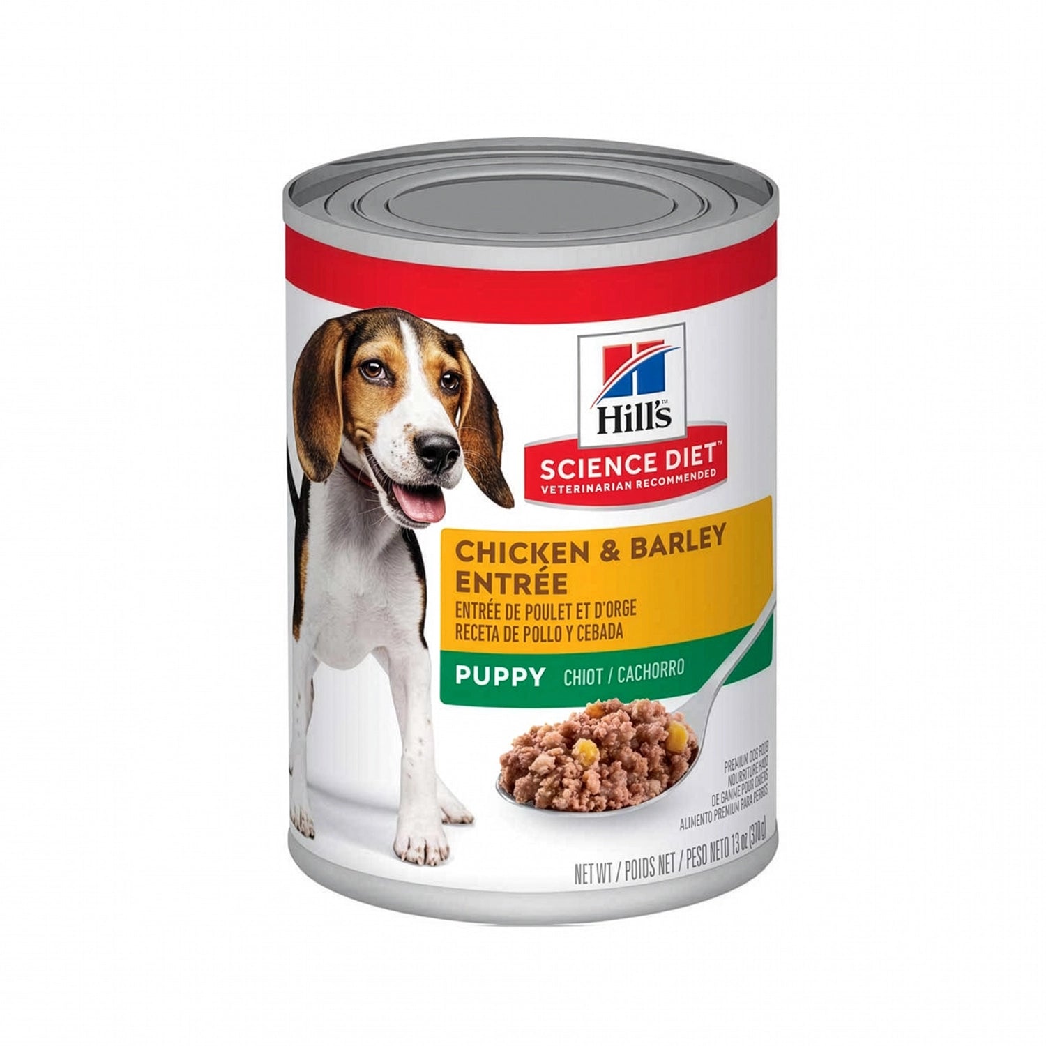 Hill's Pollo y Cebada Lata para Cachorros con receta húmeda, envase con imagen de un cachorro y alimento de pollo y cebada.