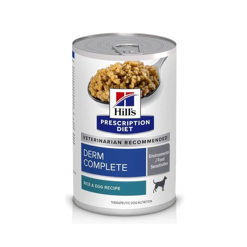 Hill's Derm Complete Lata para Perros con arroz y huevo, alimento húmedo Prescription Diet para perros con sensibilidades ambientales y alimentarias.