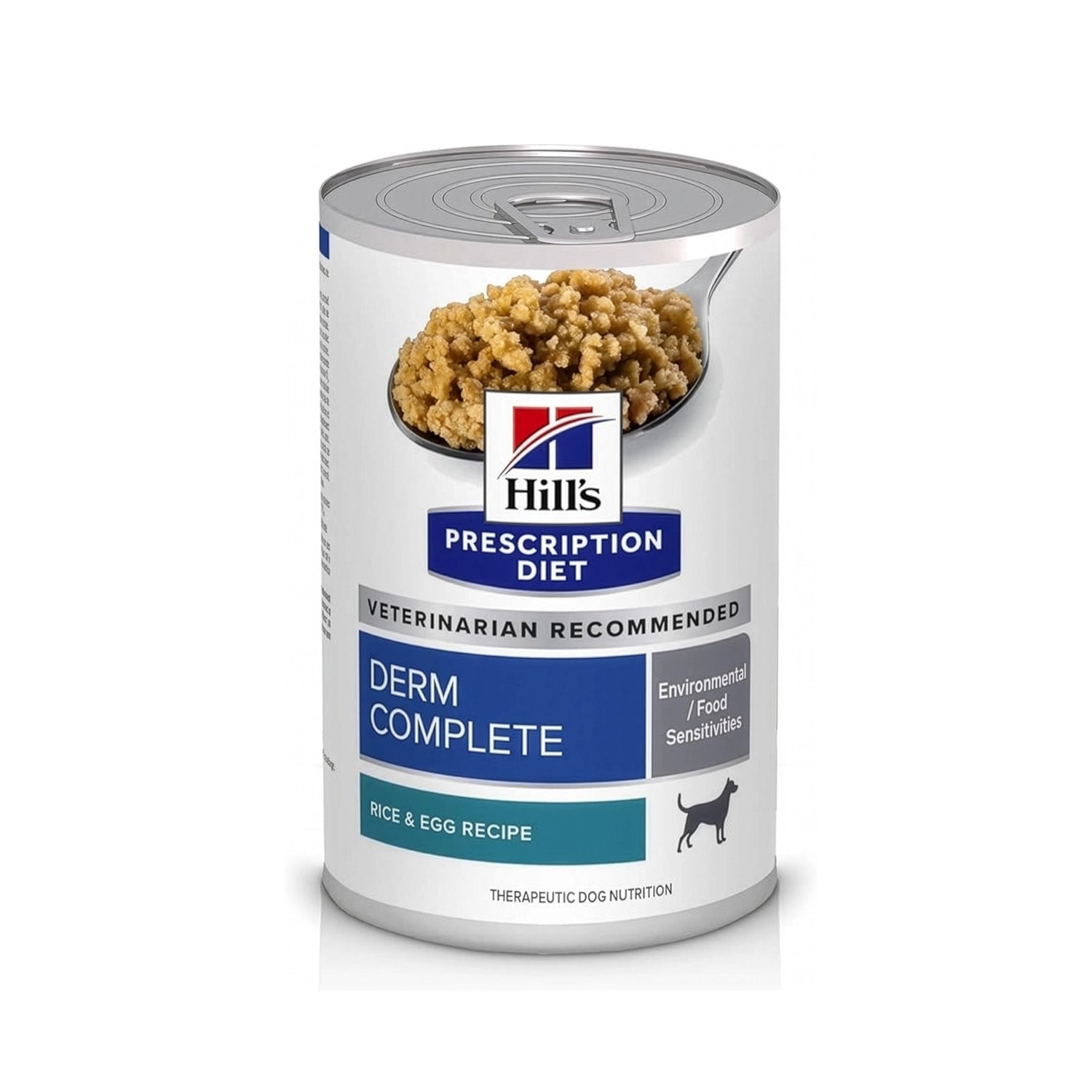 Hill's Derm Complete Lata para Perros con arroz y huevo, alimento húmedo Prescription Diet para perros con sensibilidades ambientales y alimentarias.