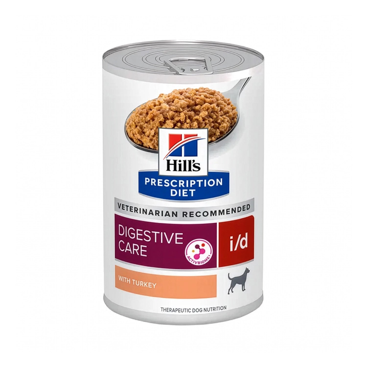 Hill's i/d en Lata Cuidado Digestivo Perros con envase blanco Prescription Diet, imagen de un perro Border Collie y fórmula con pavo.