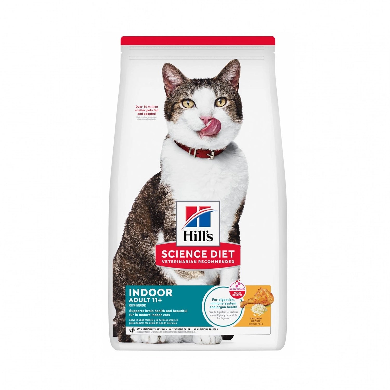 Hill's Indoor para Gatos Senior 11+ en bolsa blanca Science Diet con imagen de un gato adulto y receta de pollo para gatos de interior.