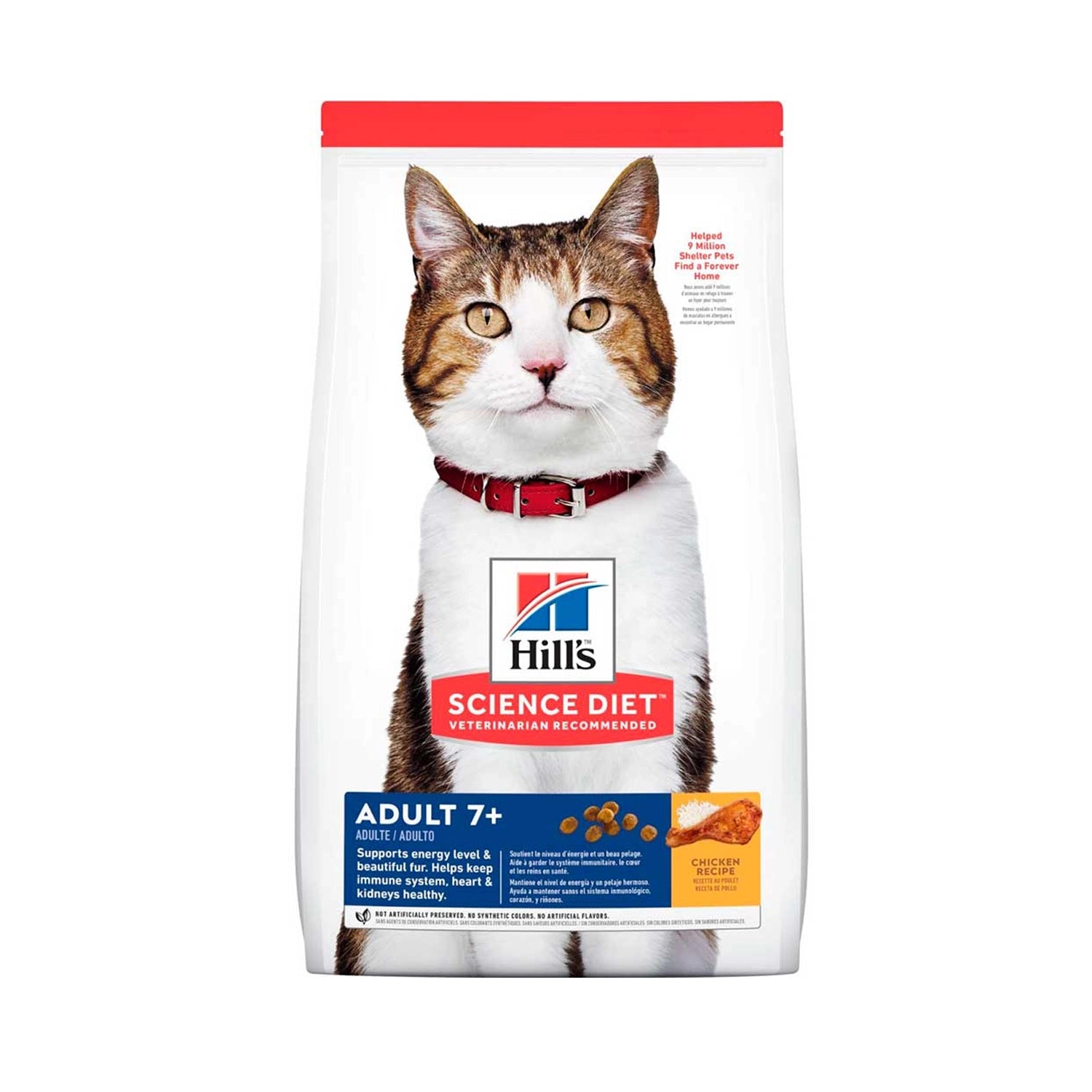 Hill's Science Diet para Gatos Senior 7+ en bolsa blanca con imagen de un gato adulto, alimento seco con receta de pollo.