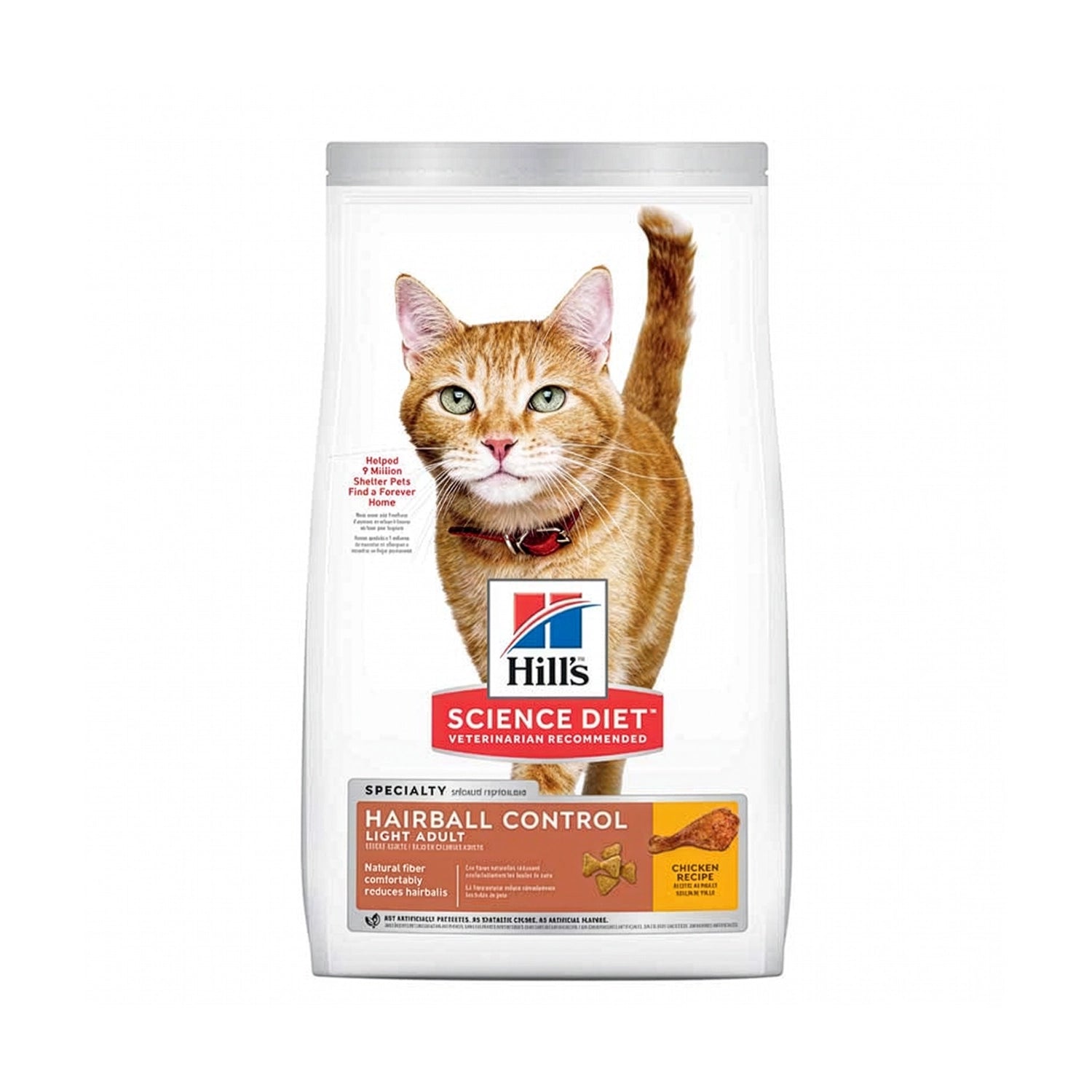 Hill's Hairball Control Light para Gatos con fórmula de control de bolas de pelo, alimento seco y envase con gato naranja adulto.