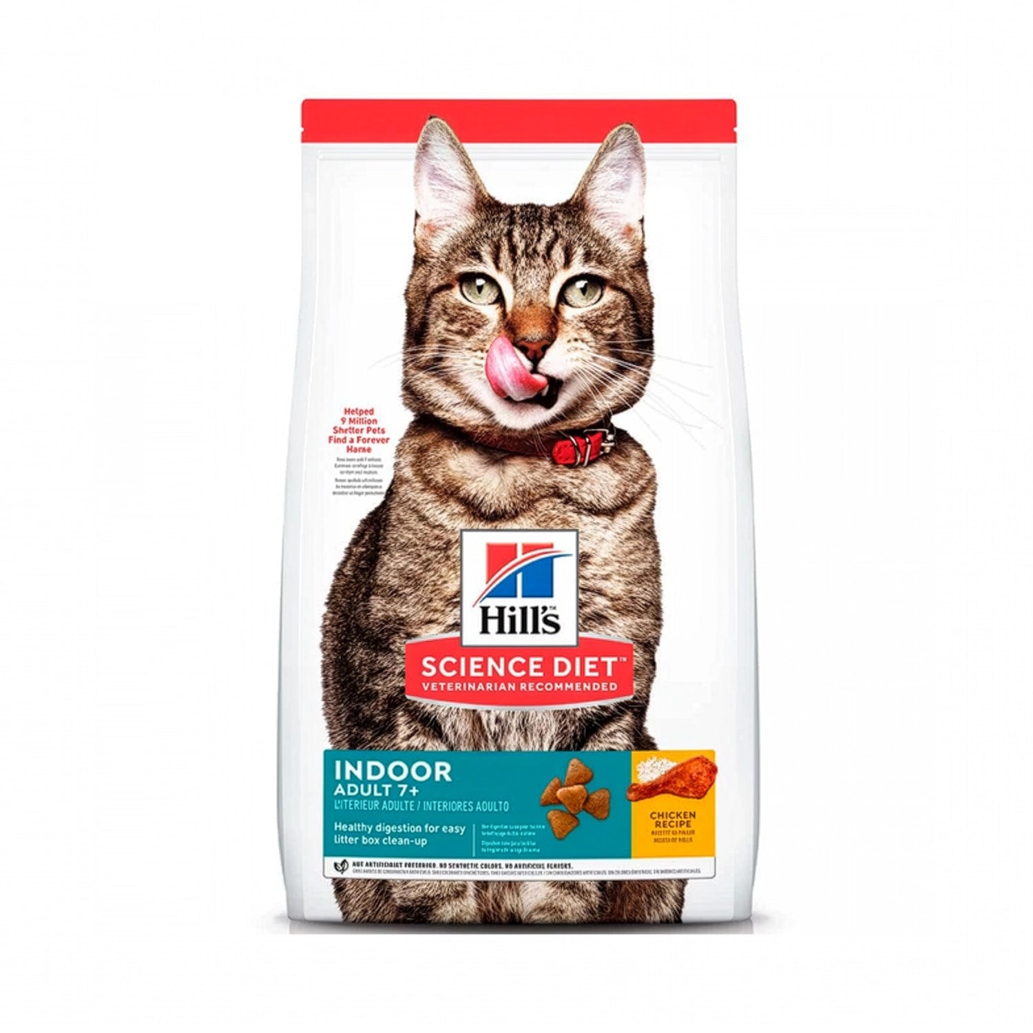 Hill's Indoor para Gatos Senior 7+ en bolsa blanca Science Diet con imagen de un gato atigrado y receta de pollo para gatos de interior.
