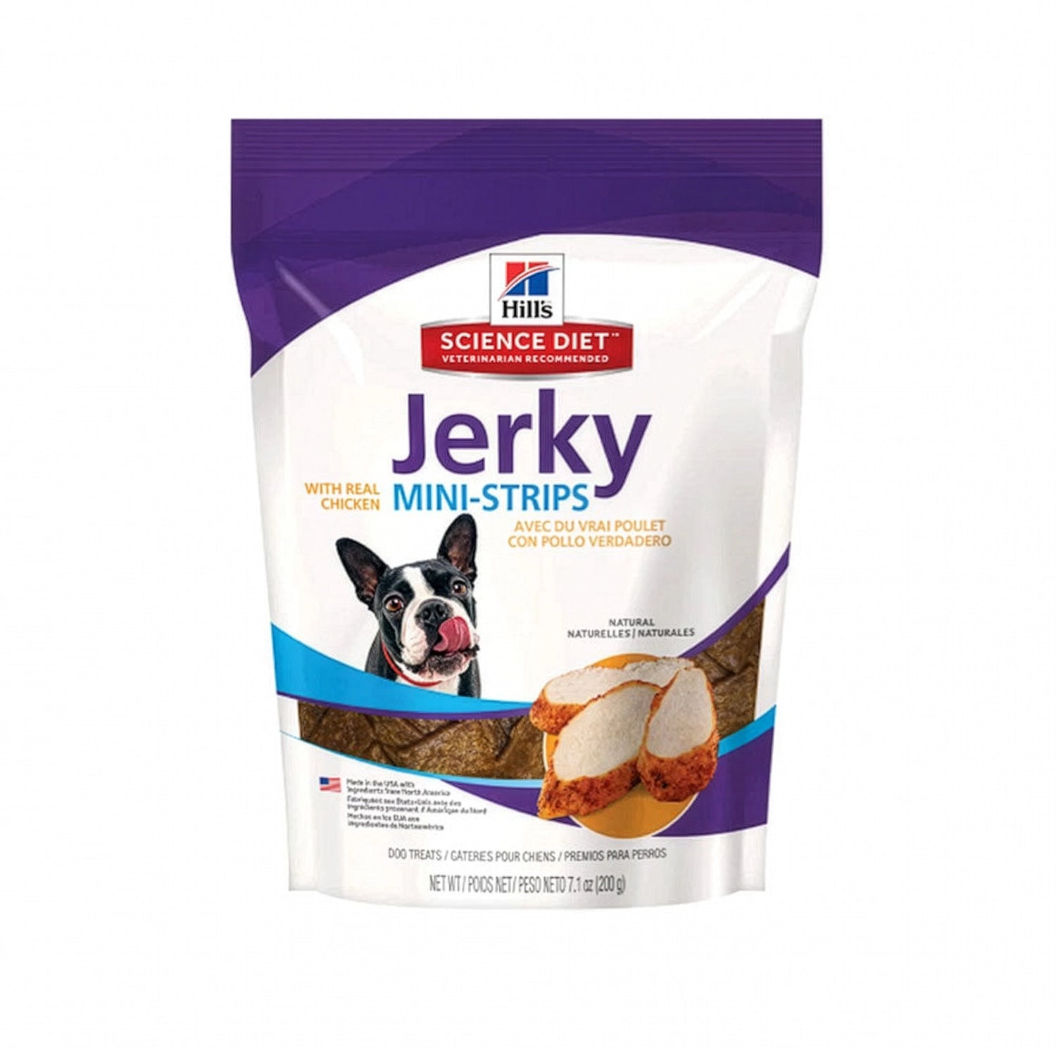 Hill's Snacks Jerky Mini Strips Pollo Perros en bolsa blanca y morada con imagen de un Boston Terrier y tiras de pollo.