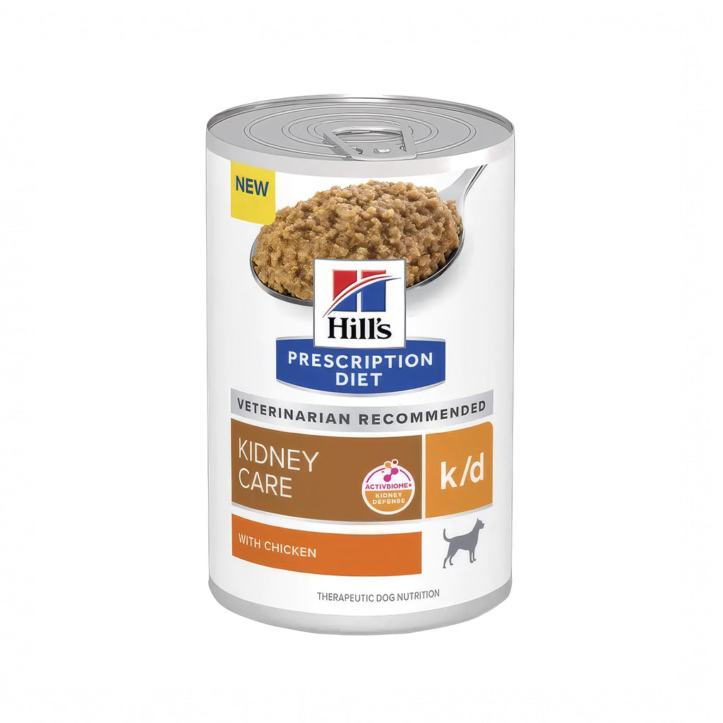 Hill's k/d en Lata Cuidado Renal Perros Prescription Diet con alimento húmedo para soporte renal y envase con imagen de un perro.