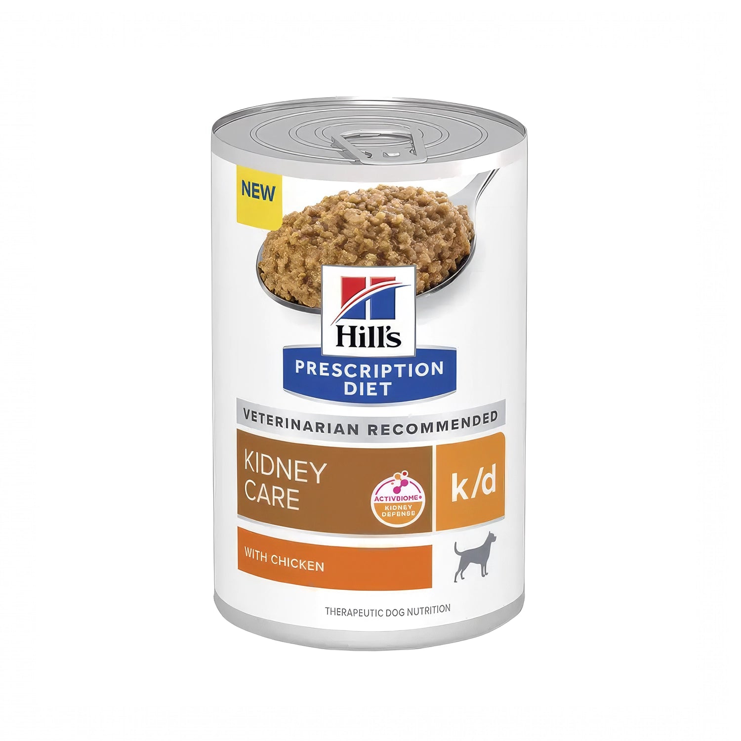 Hill's k/d en Lata Cuidado Renal Perros Prescription Diet con alimento húmedo para soporte renal y envase con imagen de un perro.