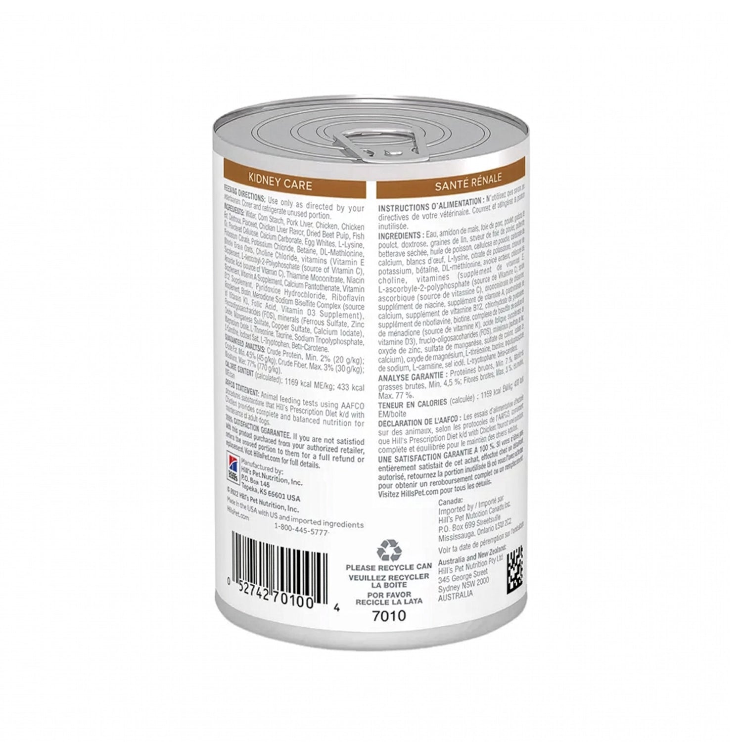 Hill's k/d en Lata Cuidado Renal Perros Prescription Diet con alimento húmedo para soporte renal y envase con imagen de un perro.