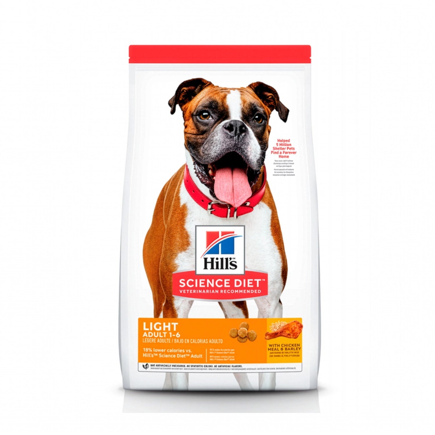 Hill's Adult Light para Perros en bolsa blanca Science Diet con imagen de un Bóxer y receta de pollo con cebada, baja en calorías.