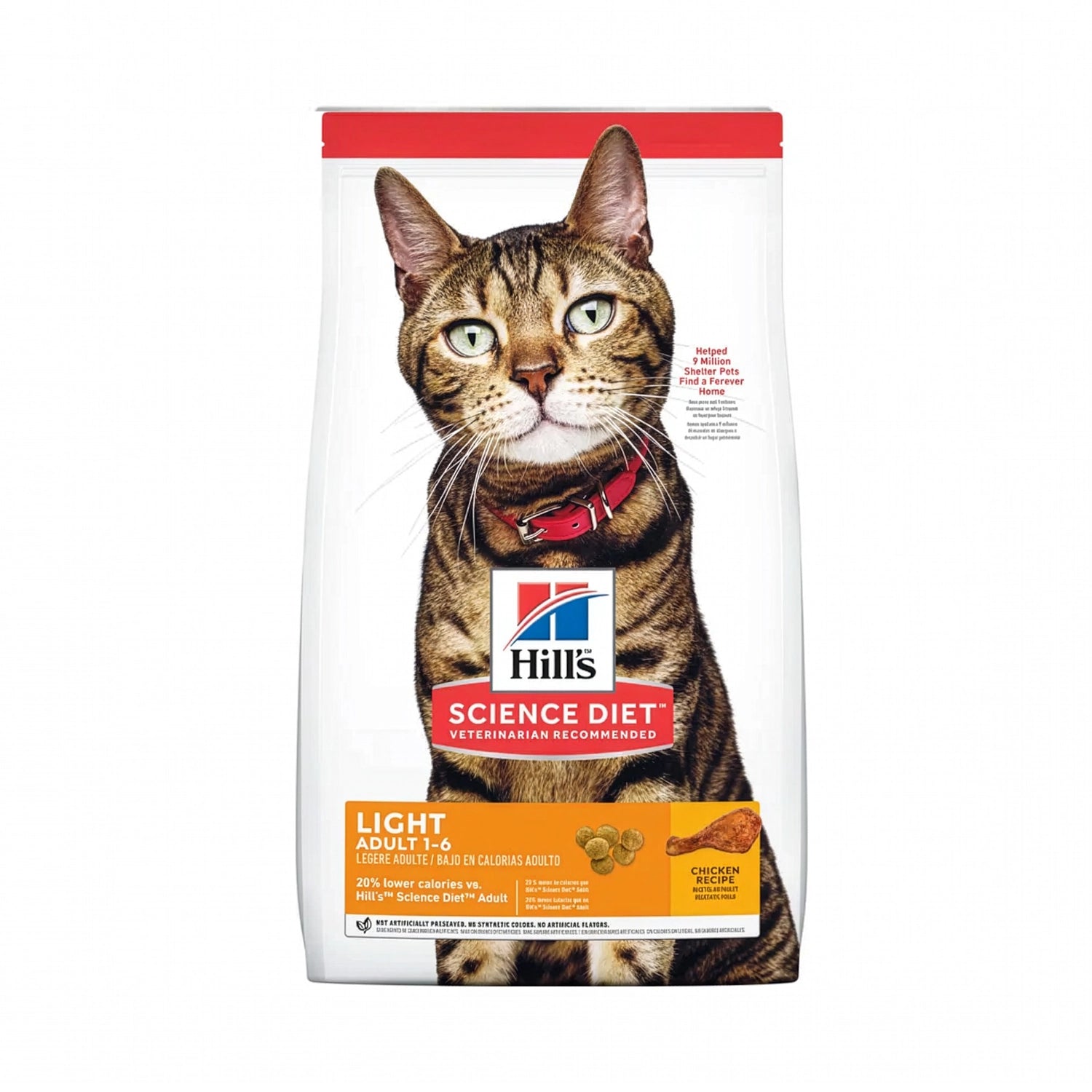 Hill's Adult Light para Gatos Adultos en bolsa Science Diet con gato atigrado y receta de pollo, alimento seco bajo en calorías.