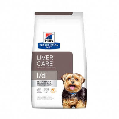 Hill's l/d Cuidado Hepático para Perros en bolsa Prescription Diet con un perro pequeño, alimento clínico para apoyar la función hepática.
