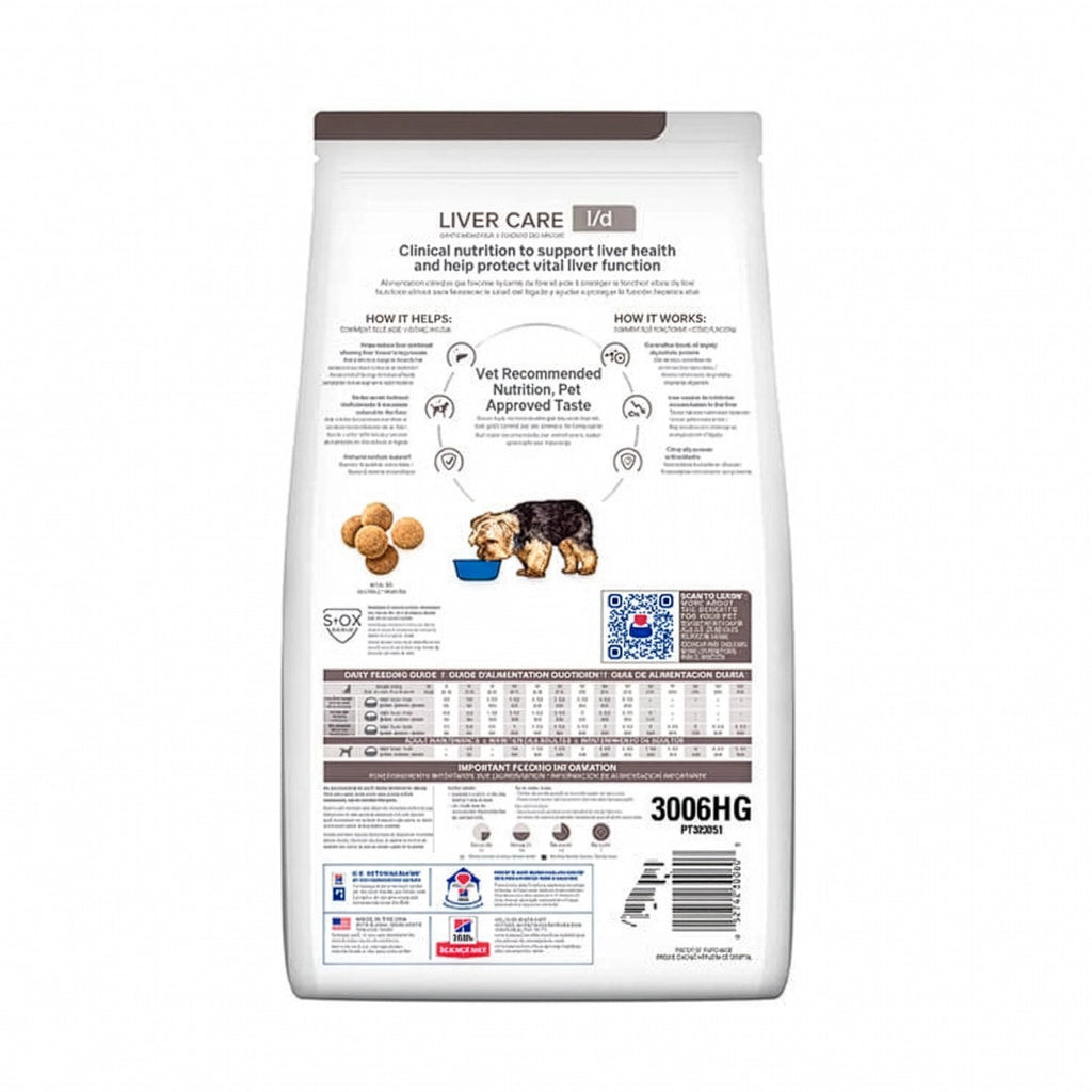 Hill's l/d Cuidado Hepático para Perros en bolsa Prescription Diet con un perro pequeño, alimento clínico para apoyar la función hepática.