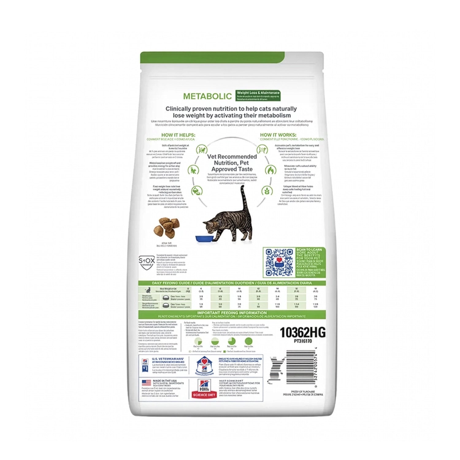 Hill's Metabolic para Gatos Adultos en bolsa Prescription Diet con imagen de un gato atigrado, alimento clínico para control de peso.