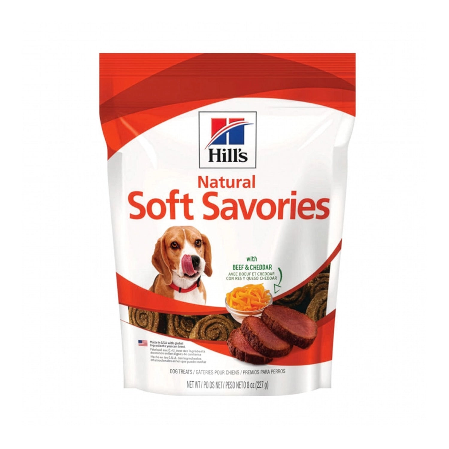 Hill's Snacks Carne y Cheddar para Perros en bolsa blanca y roja con imagen de un beagle, premios blandos sabor carne y cheddar.