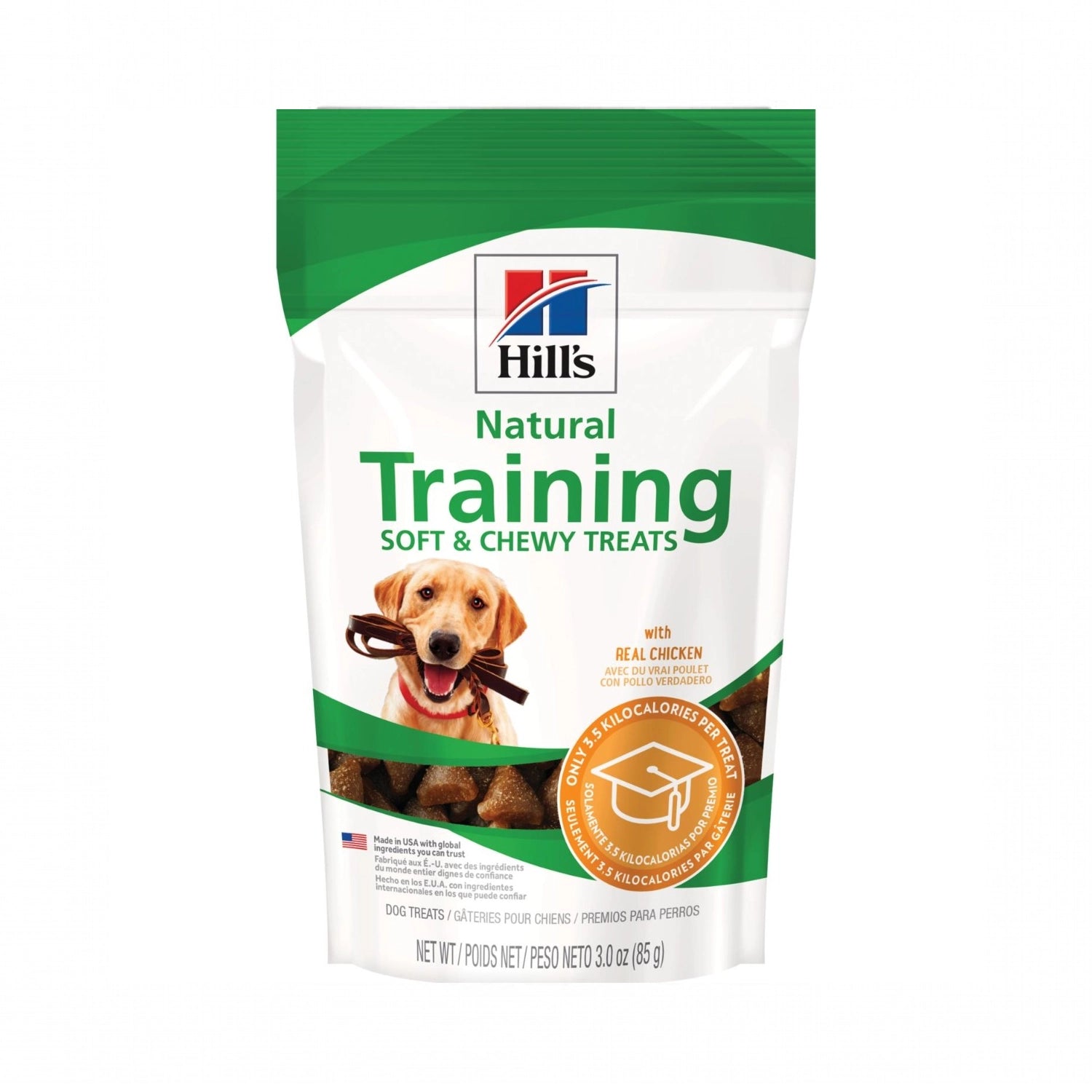 Hill's Snacks Masticables Entrenamiento para Perros en bolsa blanca y verde con imagen de un Labrador y premios suaves de pollo.