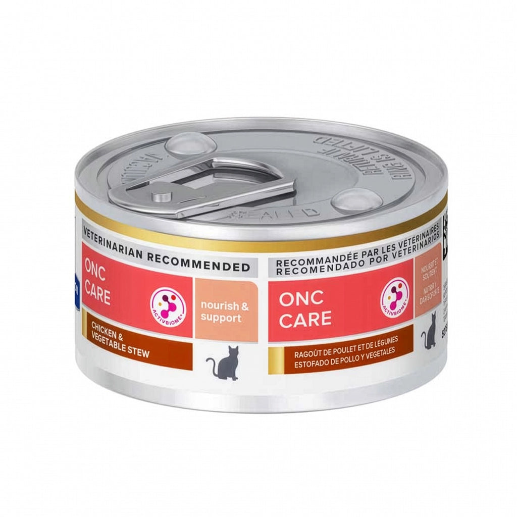 Hill's Onc Care Lata para Gatos con pollo y vegetales en estofado, alimento húmedo clínico para apoyar la nutrición de gatos.