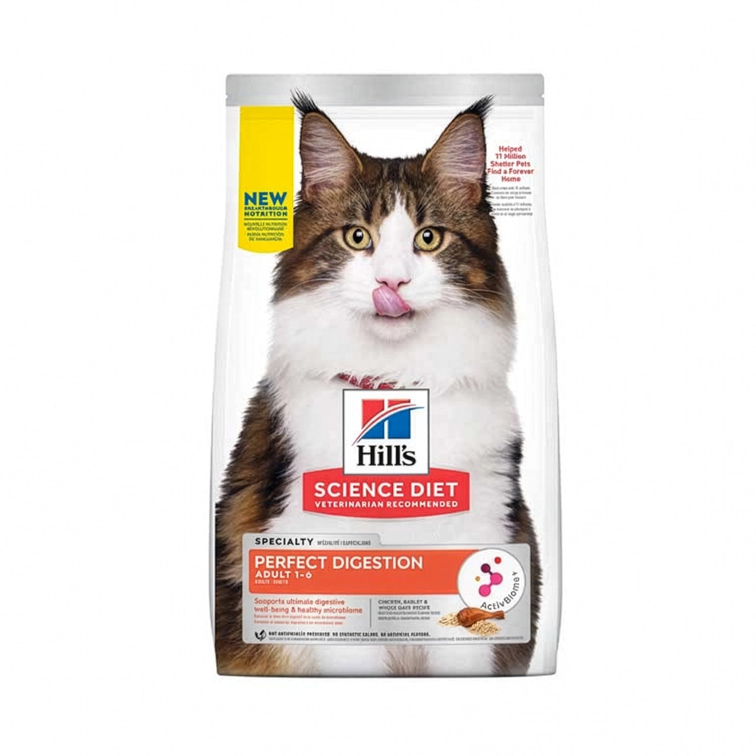 Hill's Perfect Digestion para Gatos Adultos 1,58 Kg en bolsa blanca Science Diet con imagen de un gato y receta de pollo integral.