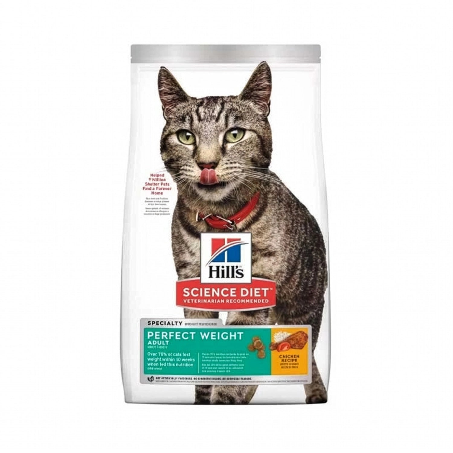 Hill's Perfect Weight para Gatos en bolsa blanca Science Diet con imagen de un gato atigrado y receta de pollo para control de peso.