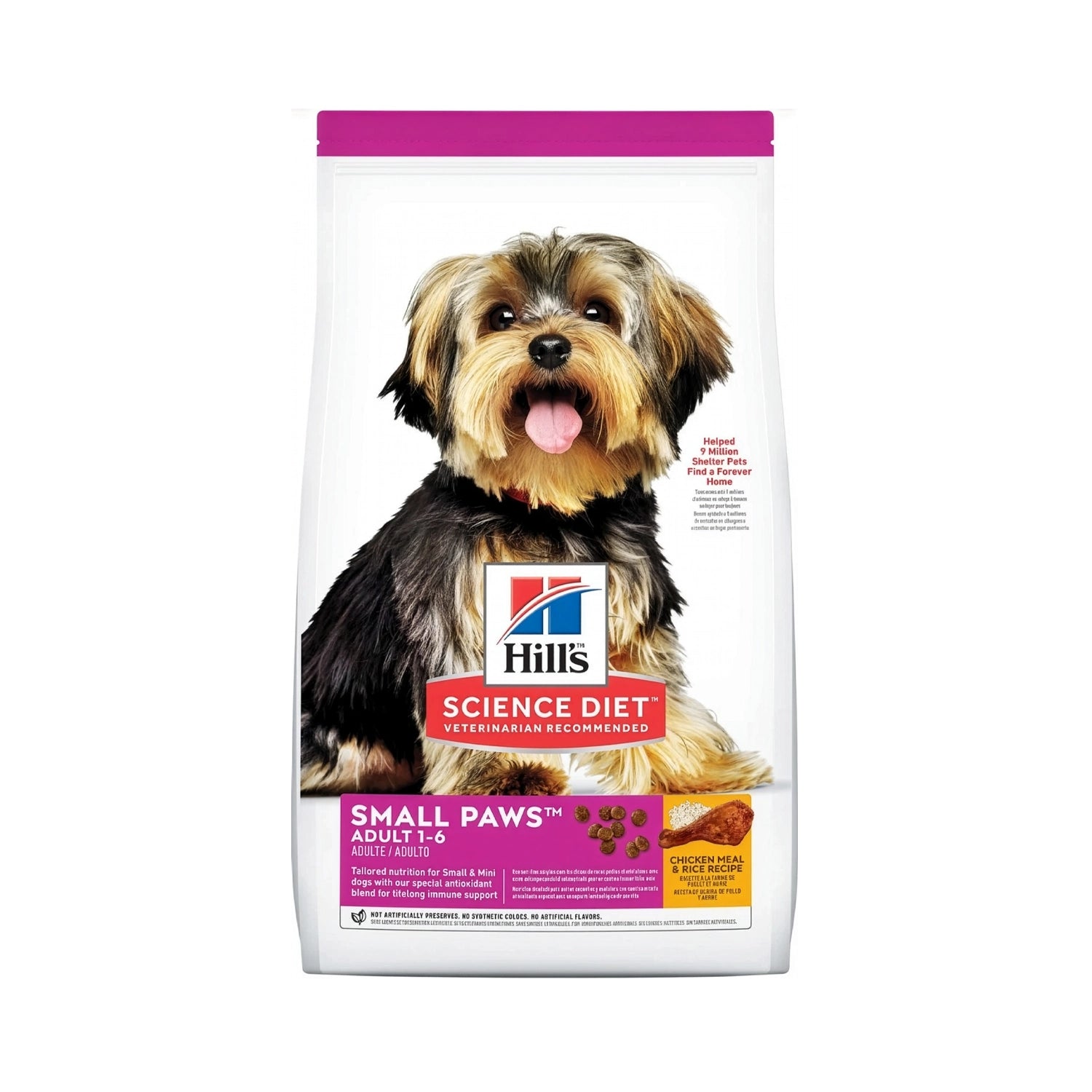 Hill's Small Paws para Perros Adultos Pequeños en bolsa blanca Science Diet con imagen de un perro pequeño y receta de pollo con arroz.
