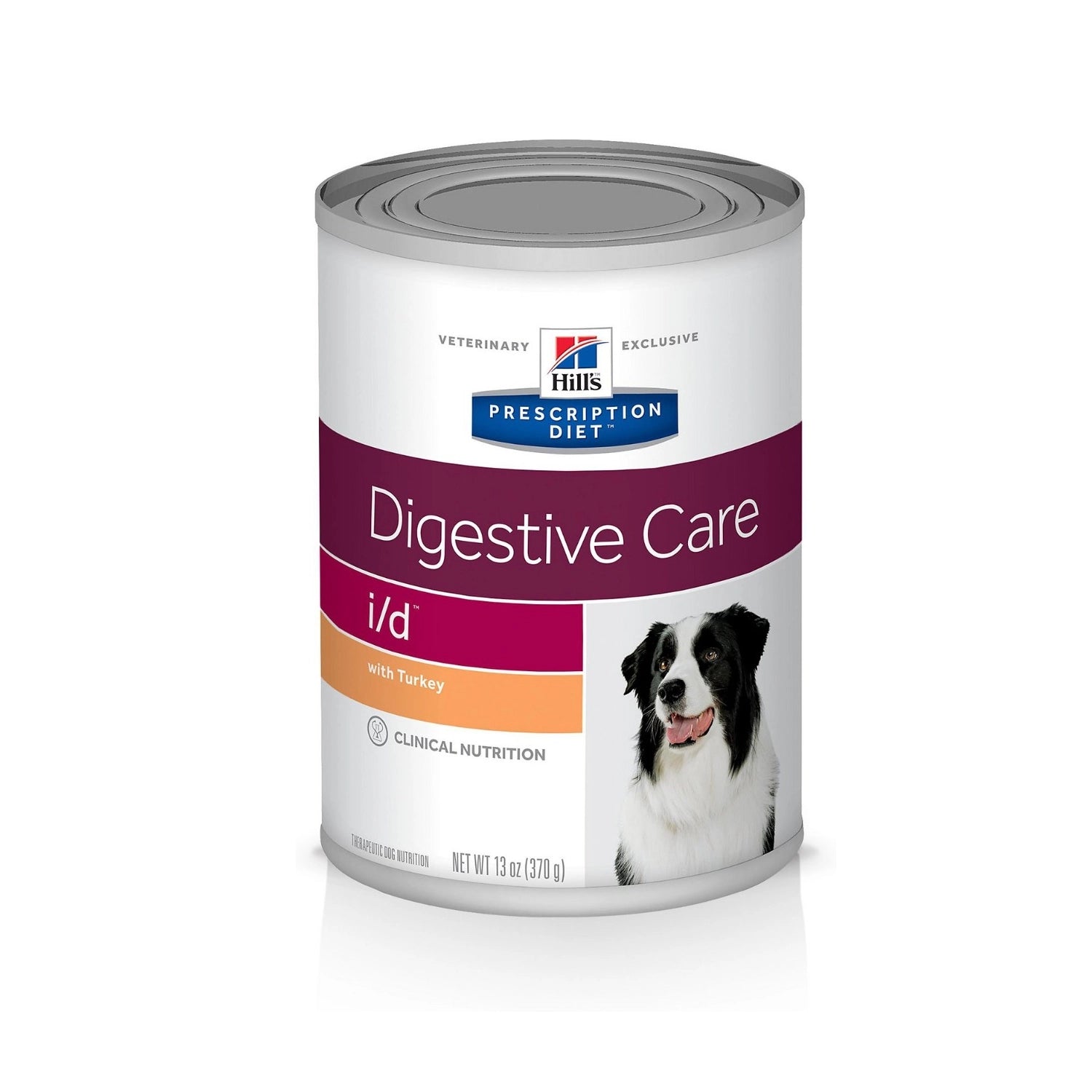 Hill's i/d en Lata Cuidado Digestivo Perros con envase blanco Prescription Diet, imagen de un perro Border Collie y fórmula con pavo.