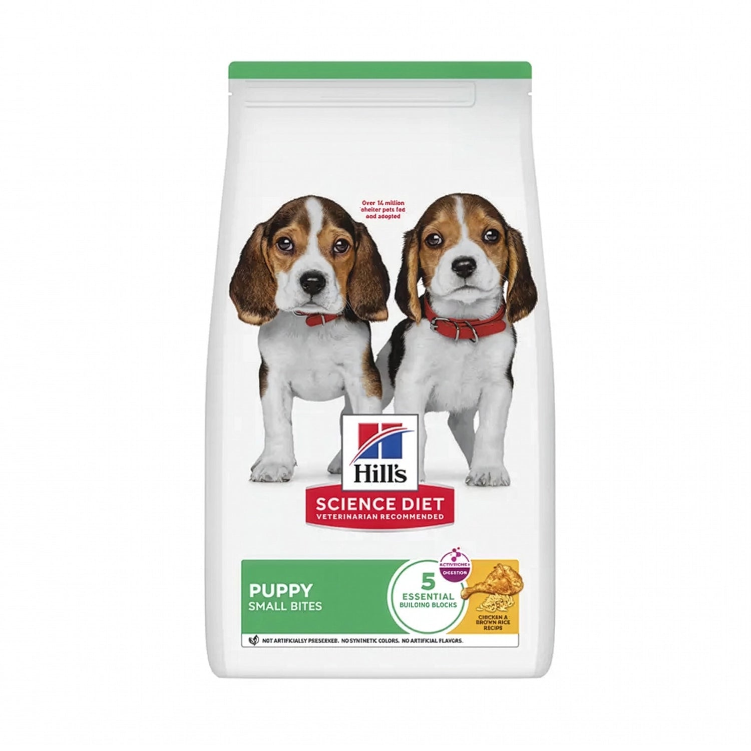 Hill's Healthy Development para Cachorros Pequeños en bolsa Science Diet con dos cachorros beagle y alimento seco Small Bites.