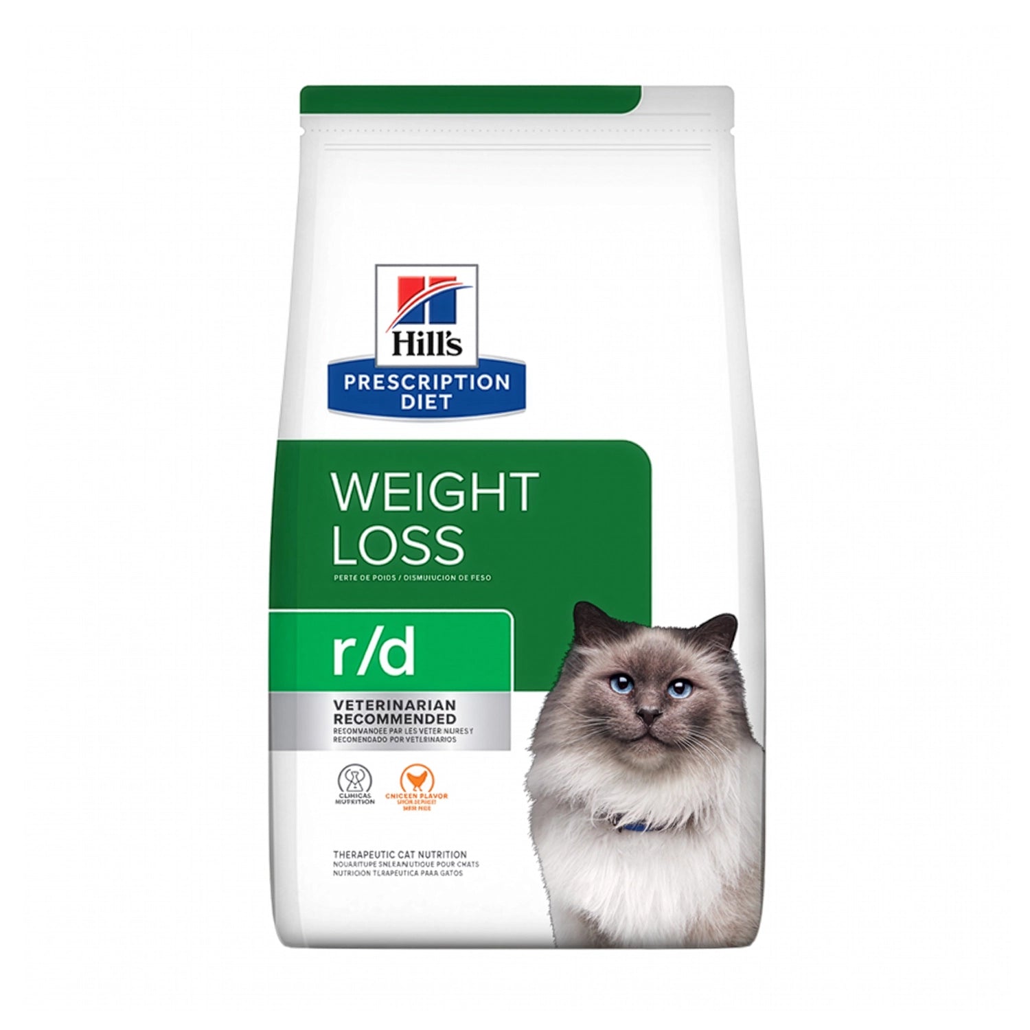 Hill's r/d Reducción de Peso para Gatos en bolsa Prescription Diet, alimento veterinario formulado para favorecer una pérdida de peso saludable.