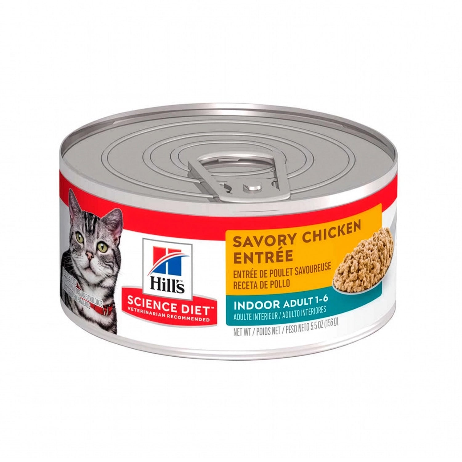 Hill's Pollo Lata para Gatos Adultos Indoor Science Diet con envase de alimento húmedo, receta de pollo e imagen de un gato de interior.