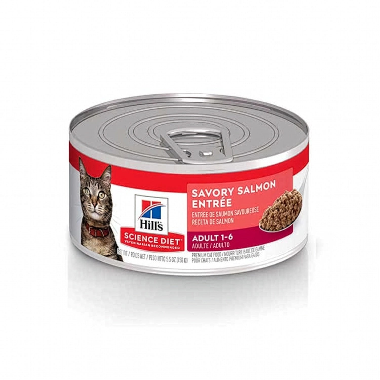 Hill's Salmón Lata para Gatos Adultos con receta de salmón, alimento húmedo para gatos adultos en lata con imagen de un gato.