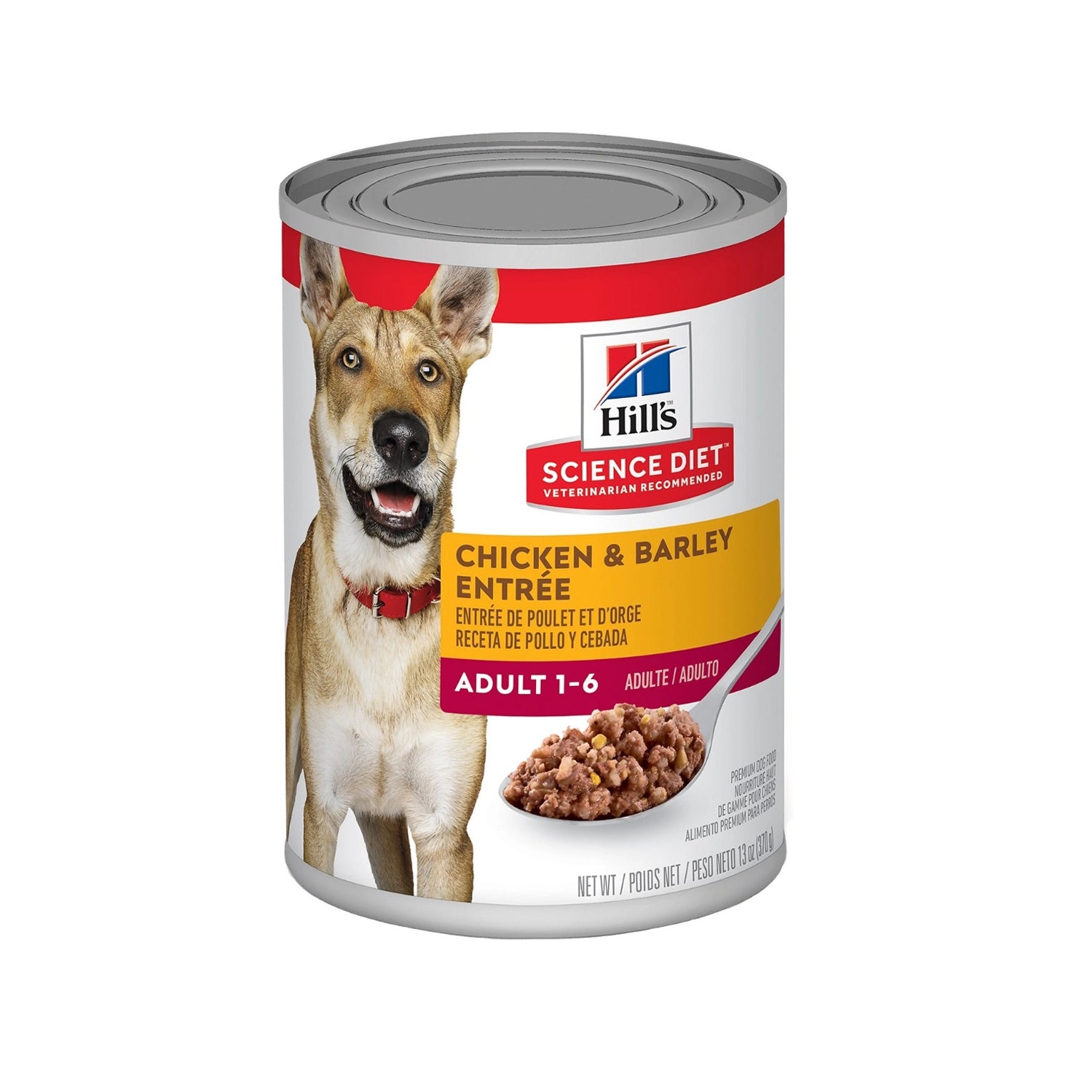 Hill's Pollo y Cebada Lata Perros Adultos con receta húmeda de pollo y cebada, envase con imagen de perro adulto sobre fondo blanco.