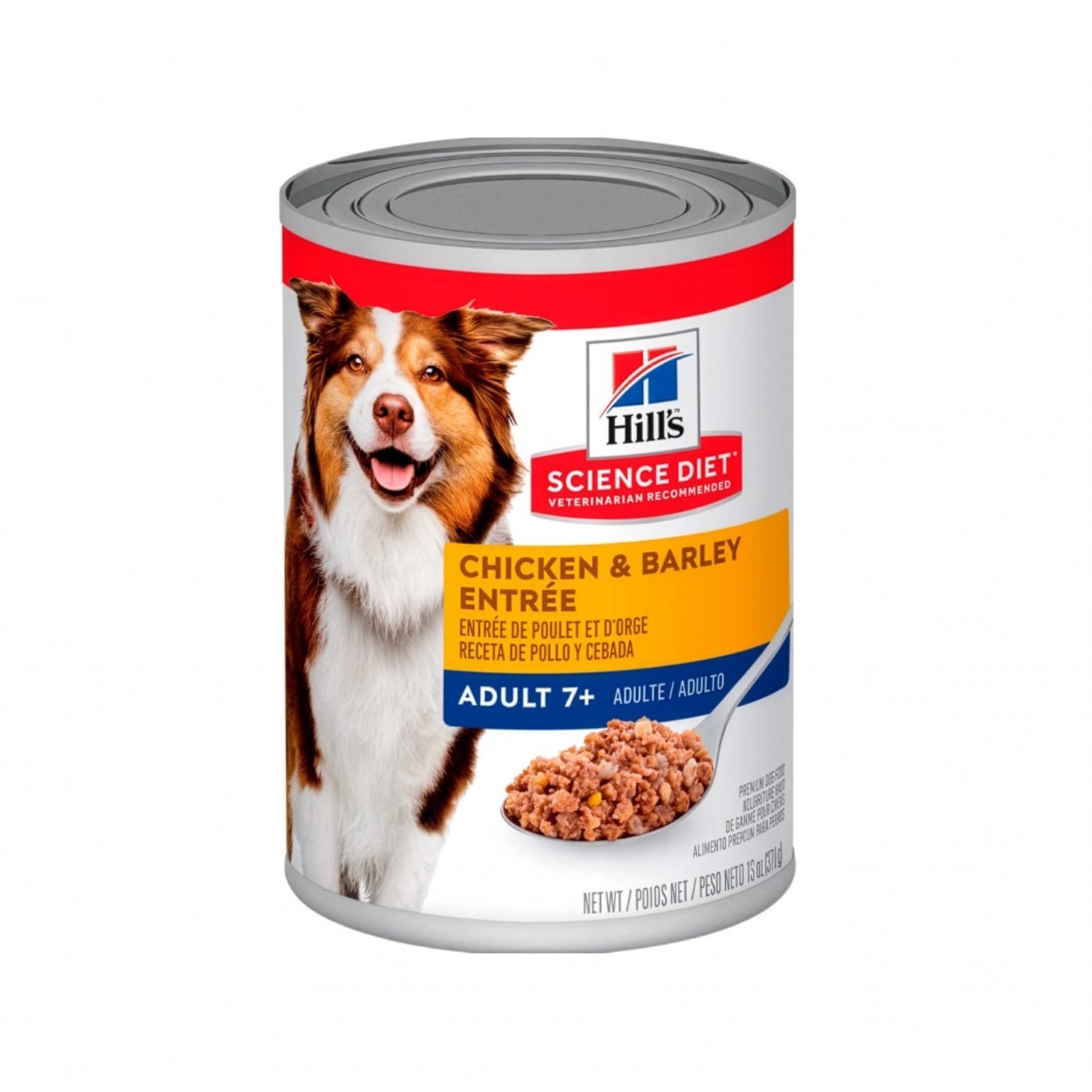 Hill's Pollo Lata para Perros Senior 7+ con envase Science Diet, alimento húmedo de pollo y cebada e imagen de un perro adulto.