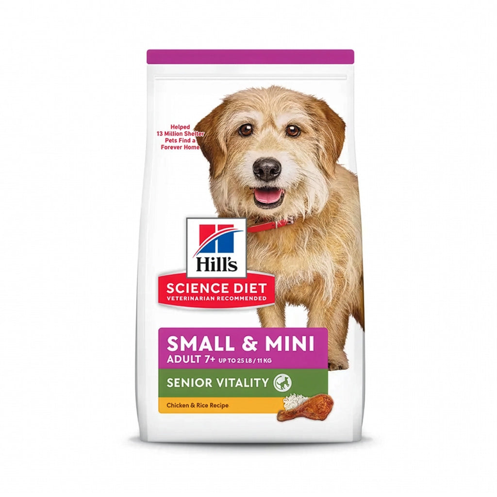 Hill's Senior Vitality para Perros 7+ en bolsa blanca Science Diet con imagen de un perro pequeño y receta de pollo con arroz.