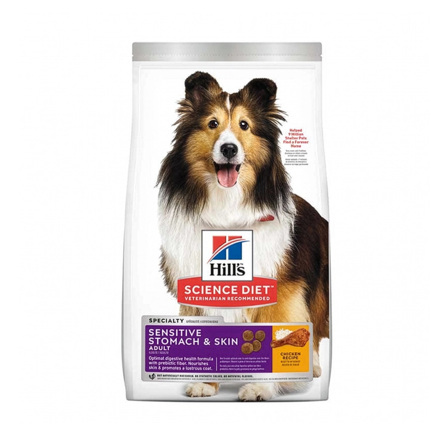 Hill's Sensitive Stomach & Skin para Perros con receta de pollo, alimento seco para digestión y piel saludables en envase.
