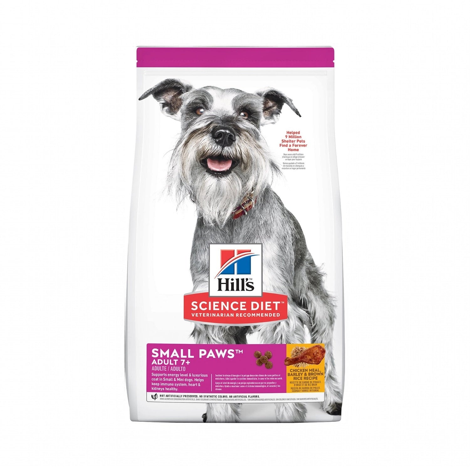 Hill's Small Paws para Perros Senior 7+ en bolsa blanca Science Diet con imagen de un Schnauzer y receta de pollo, cebada y arroz integral.