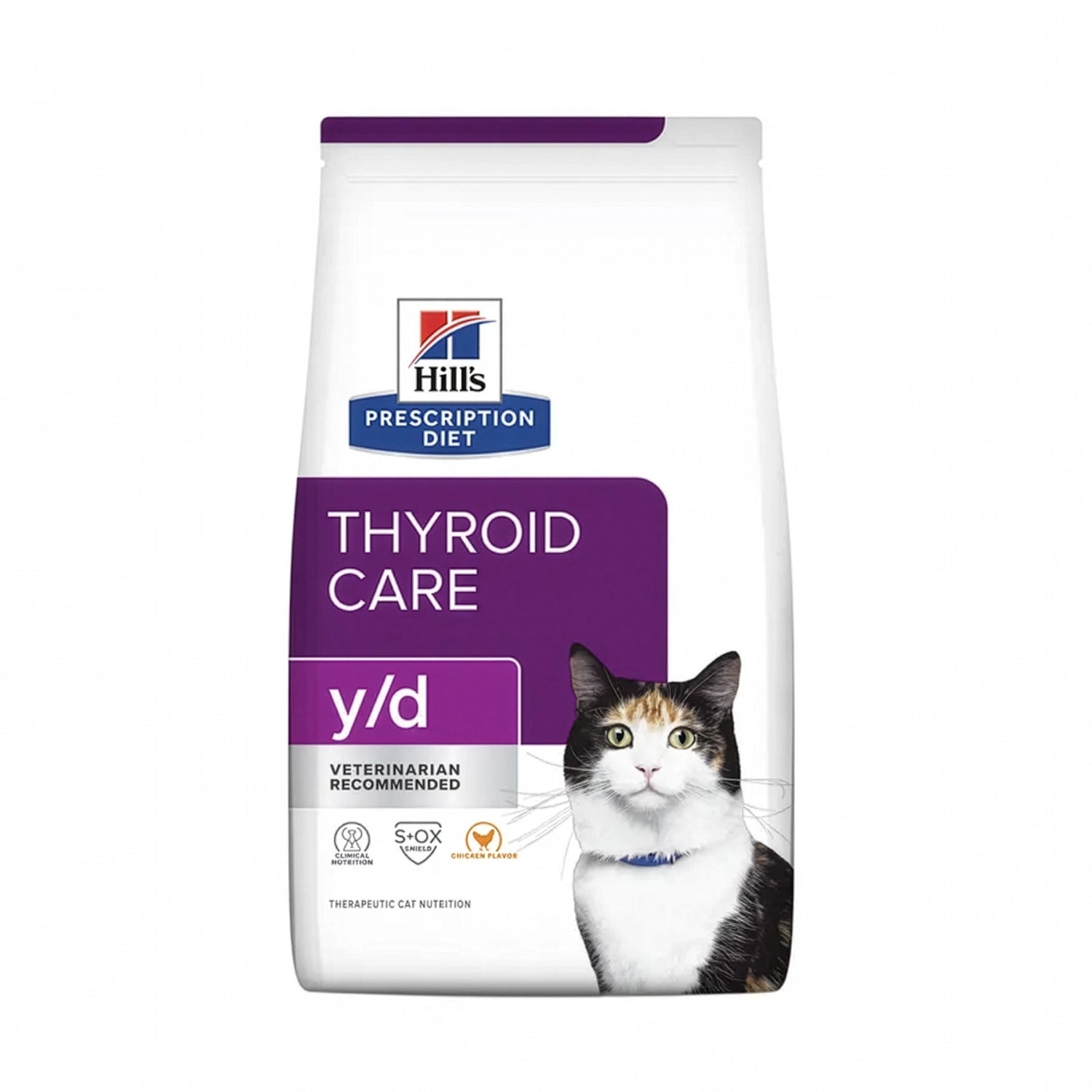 Hill's y/d Cuidado Tiroides para Gatos en bolsa Prescription Diet con sabor a pollo, alimento clínico para el manejo de la salud tiroidea.