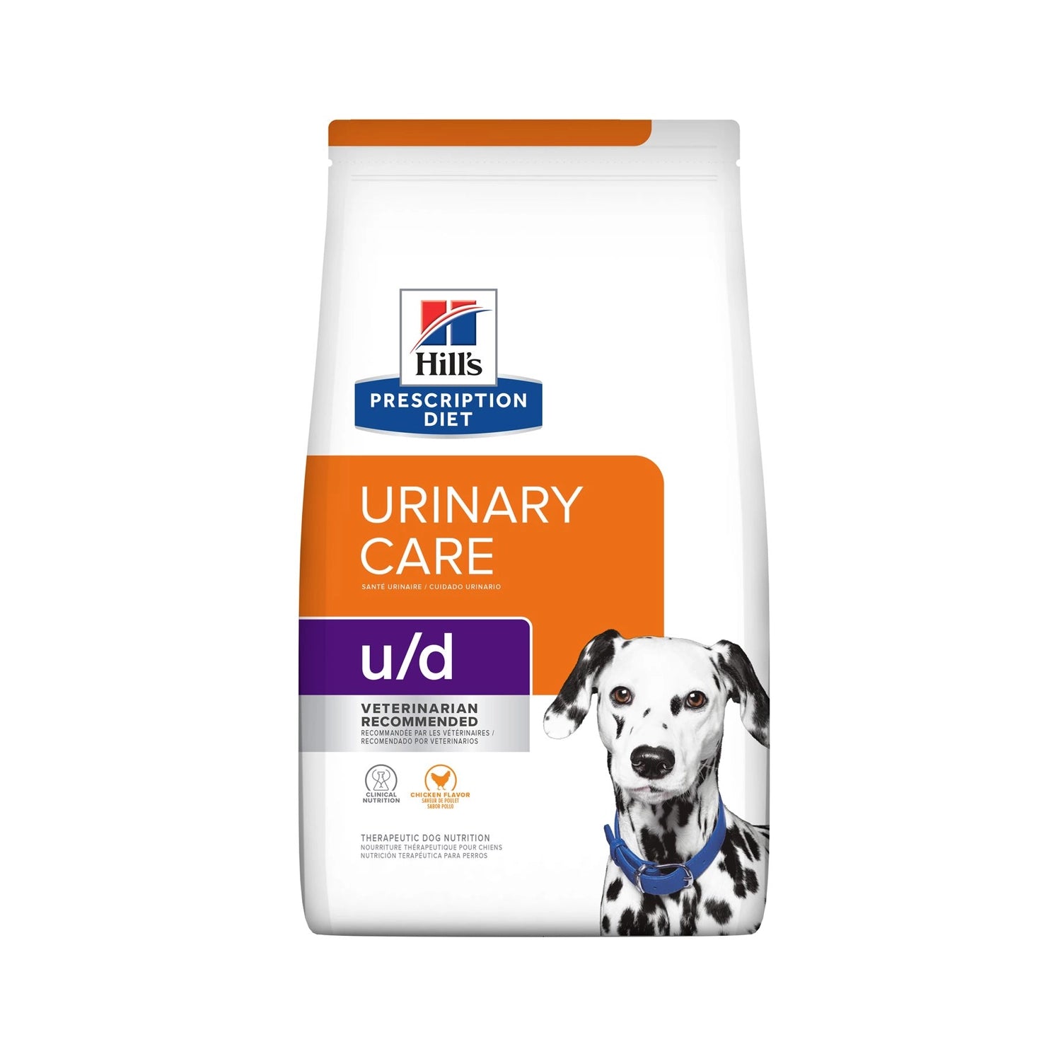 Hill's u/d Cuidado Urinario para Perros en bolsa Prescription Diet con un dálmata, alimento clínico para el cuidado de la salud urinaria.