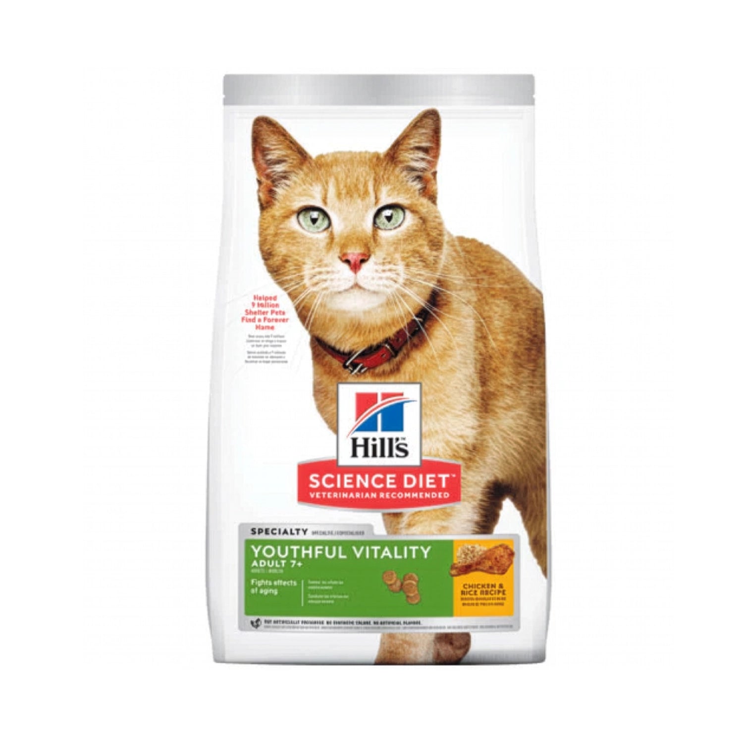 Hill's Youthful Vitality para Gatos 7+ en bolsa blanca Science Diet con imagen de un gato naranja y receta de pollo con arroz.