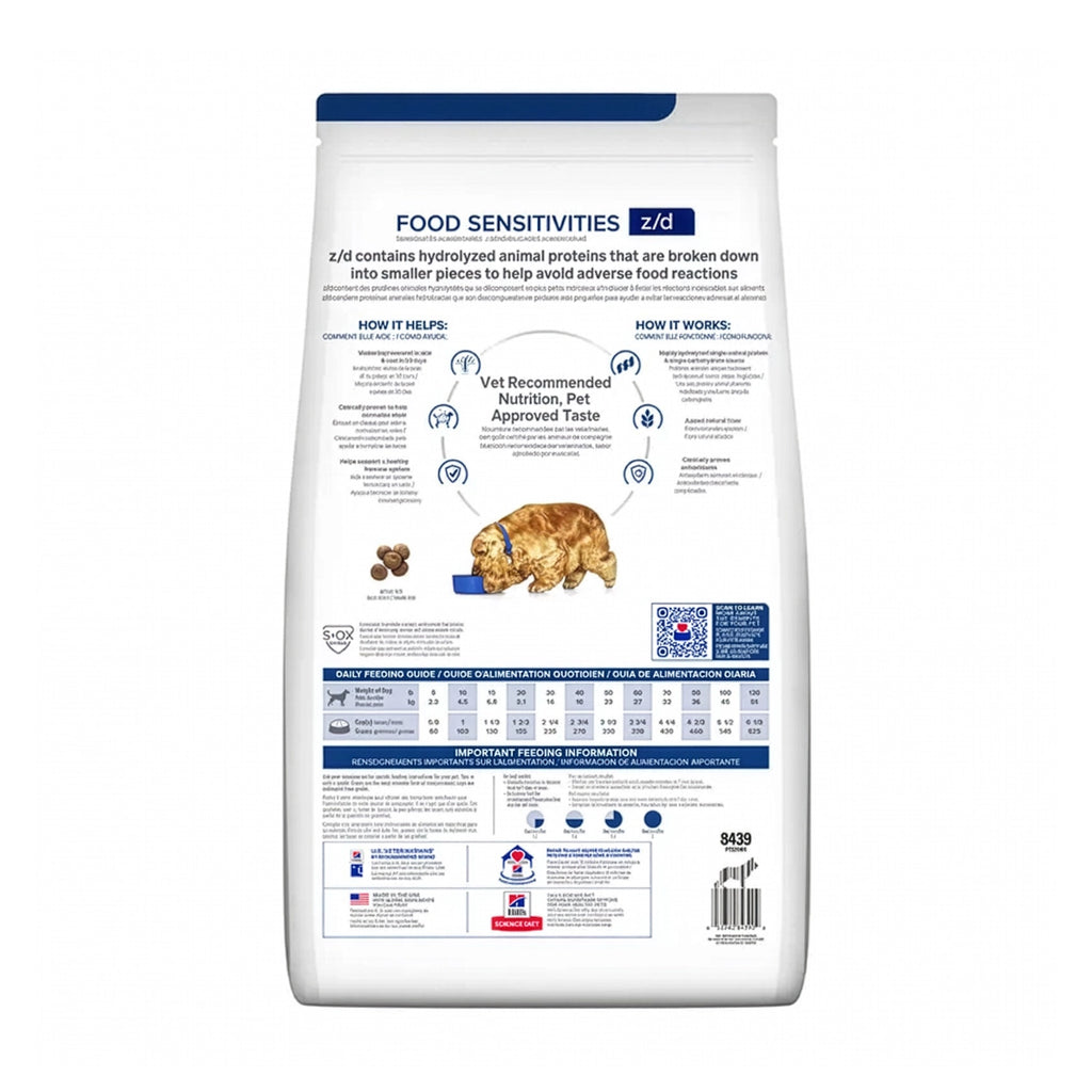 Hill's z/d Hipoalergénico para Perros en bolsa Prescription Diet, alimento veterinario formulado para perros con sensibilidad alimentaria.